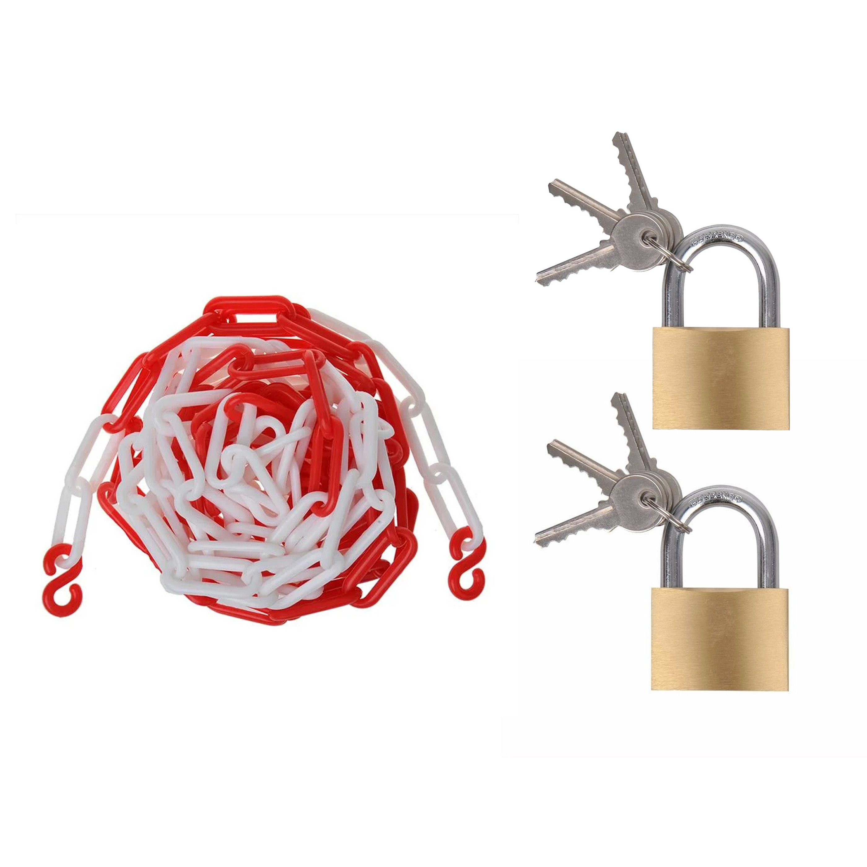 Afzetketting met 2x hangsloten van 40 mm - rood/wit - 5 meter - kunststof - afzetting -