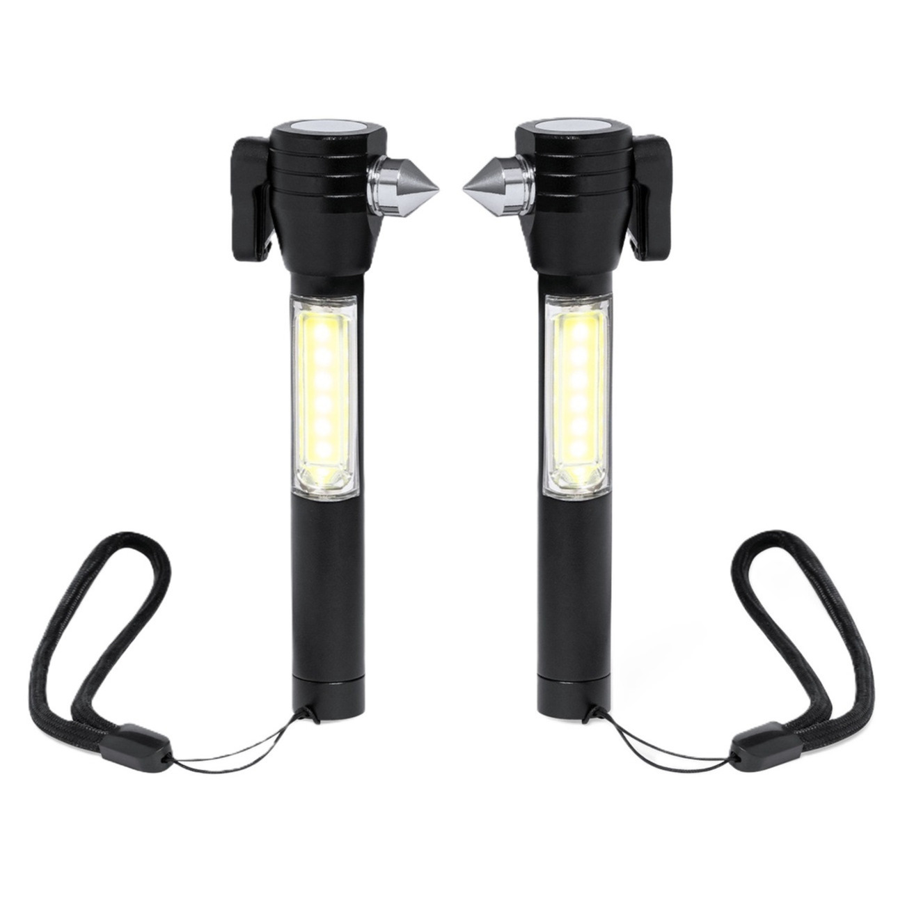 Veiligheidshamer met gordelsnijder - 2x - Design - zwart - noodhamer - incl zaklamp -