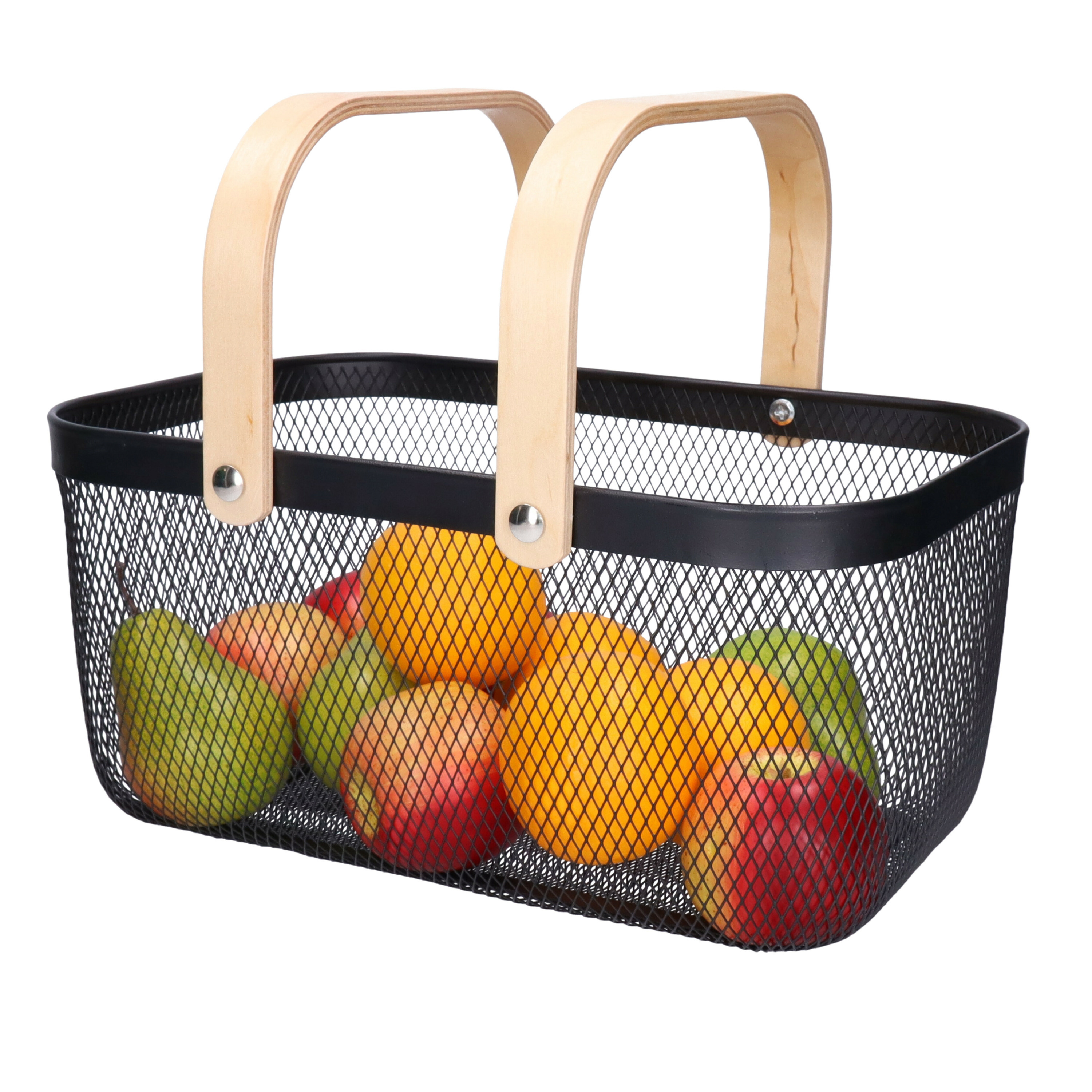 Opbergmand - met handgrepen - zwart - metaal/hout - 37 x 24 x 18 cm - draadmand -