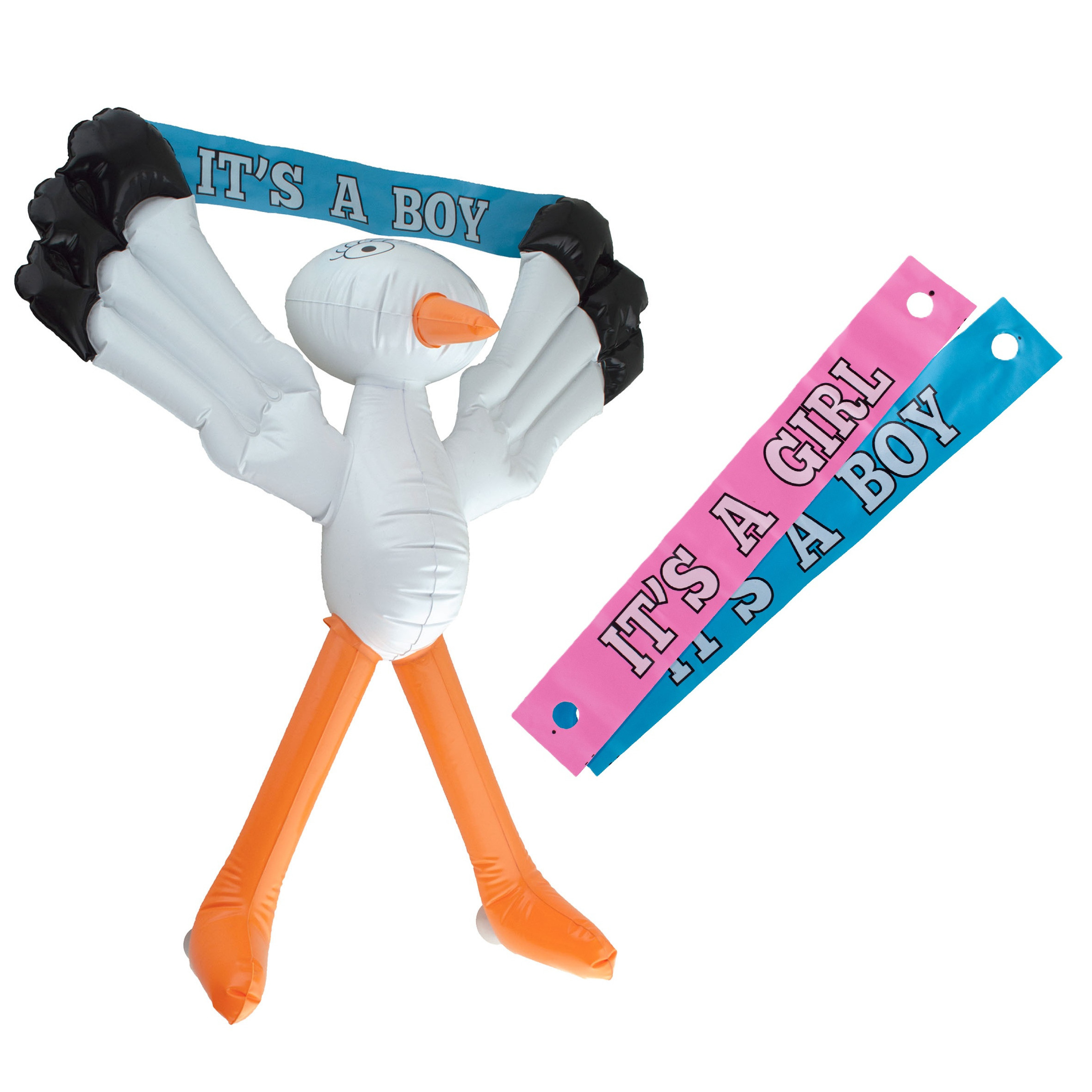 Opblaasbare decoratie ooievaar met tekst - blauw en roze banner - 70 cm - geboorte jongen/meisje -