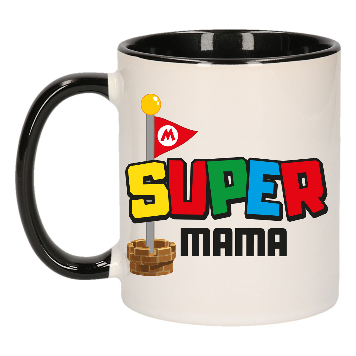 Cadeau koffie/thee mok voor mama - zwart - super mama - keramiek - 300 ml - Moederdag -