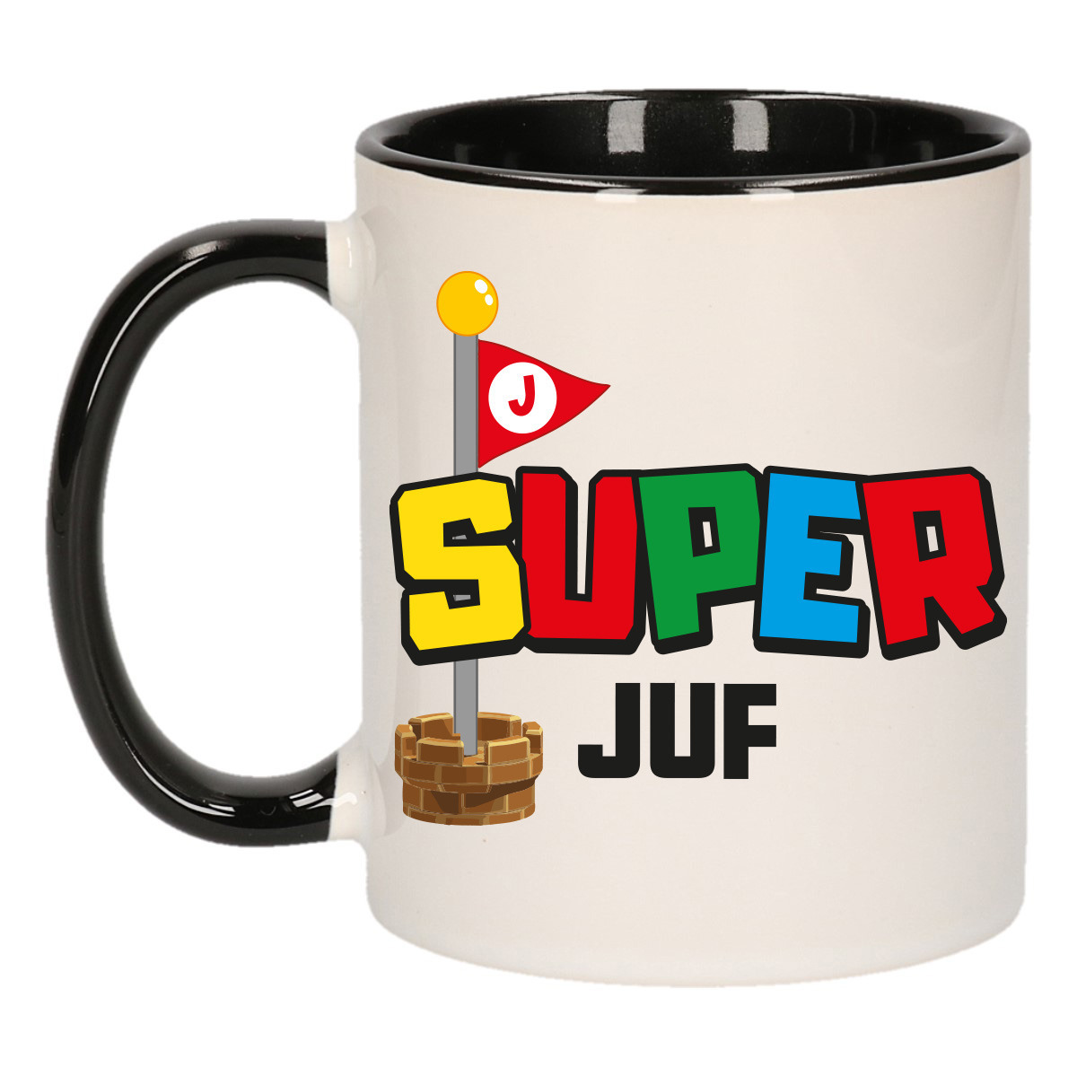 Cadeau koffie/thee mok voor Juf/mentor - zwart - super Juf - keramiek - 300 ml -