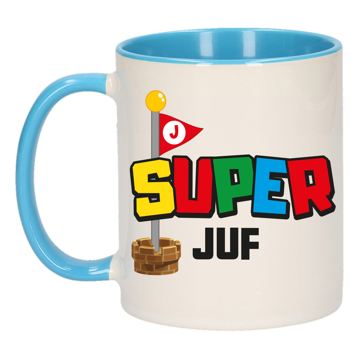 Cadeau koffie/thee mok voor Juf/mentor - blauw - super Juf - keramiek - 300 ml -