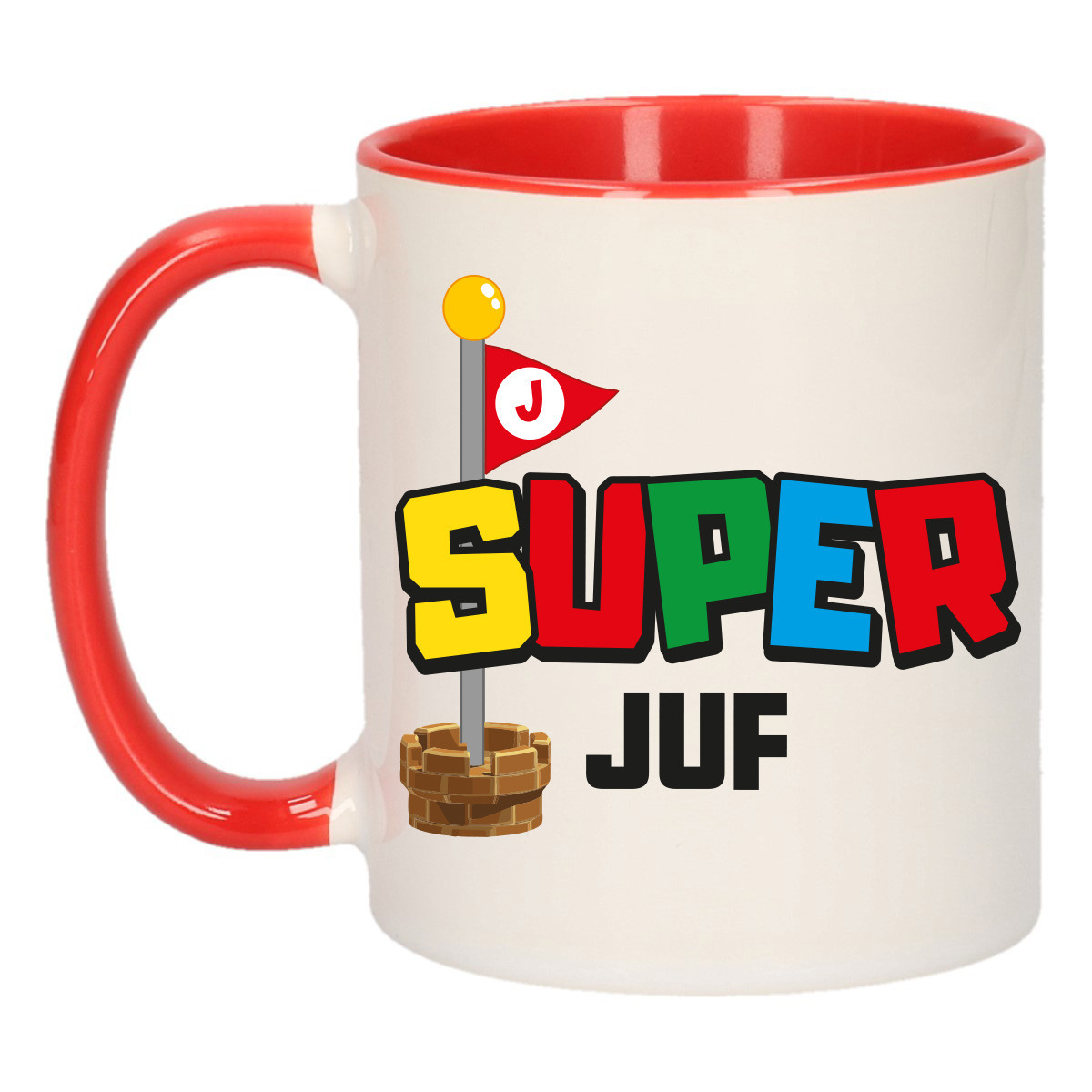 Cadeau koffie/thee mok voor Juf/mentor - rood - super Juf - keramiek - 300 ml -