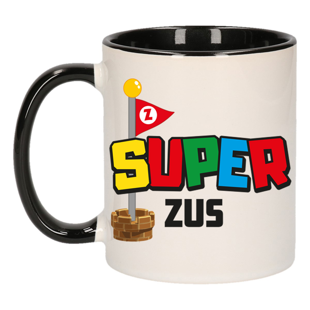 Cadeau koffie/thee mok voor zus - zwart - super zus - keramiek - 300 ml -