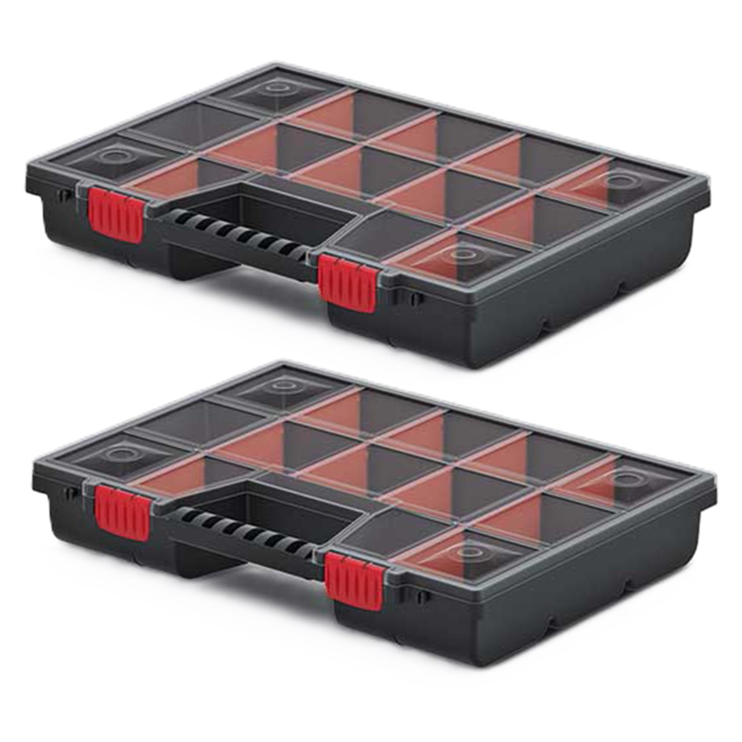 Sorteerbox/vakjes koffer - 2x - spijkers/schroeven/kleine spullen - 12-vaks - 39 x 29 x 6.5 cm -