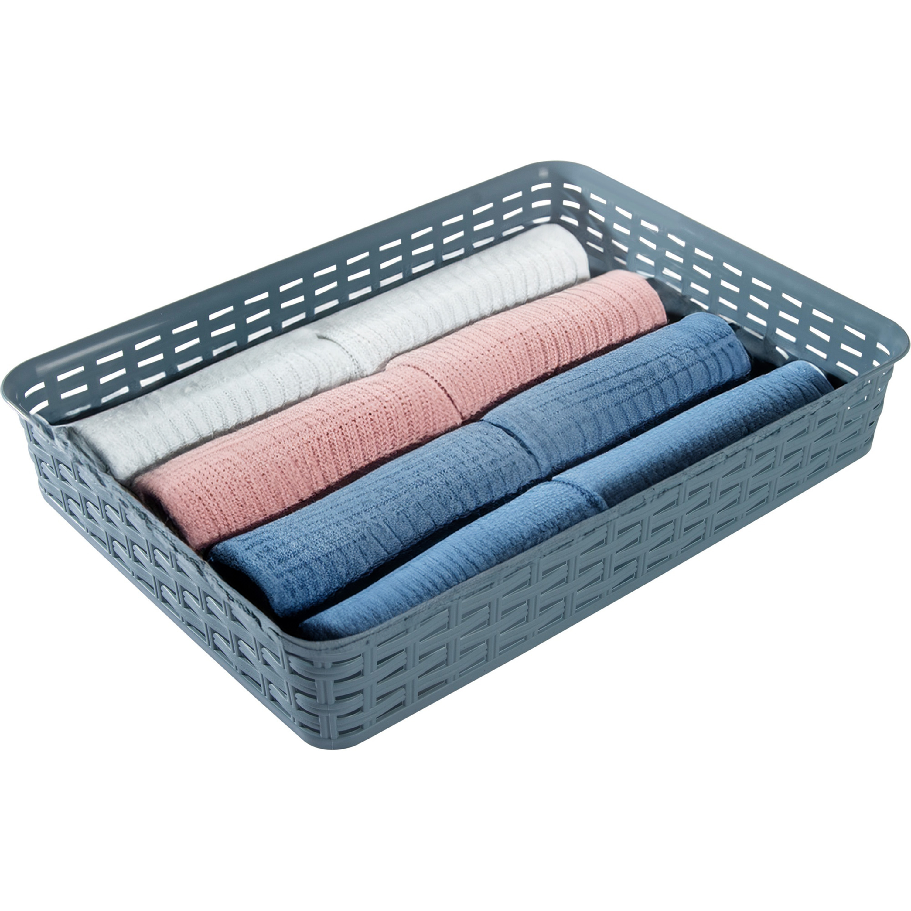 Opbergmandje/kastmandje - denin blauw - 4.5 liter - kunststof - 26 x 35 x 6 cm - ladeverdelers -