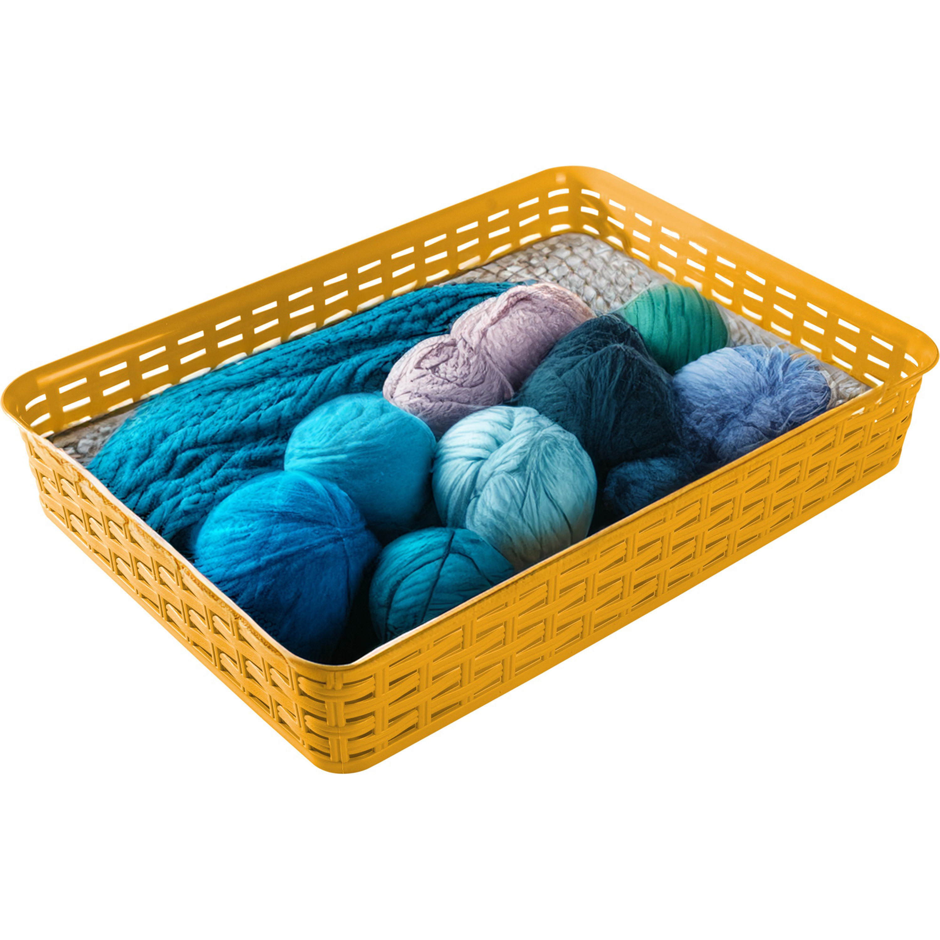 Opbergmandje/kastmandje - okergeel - 4.5 liter - kunststof - 26 x 35 x 6 cm - ladeverdelers -