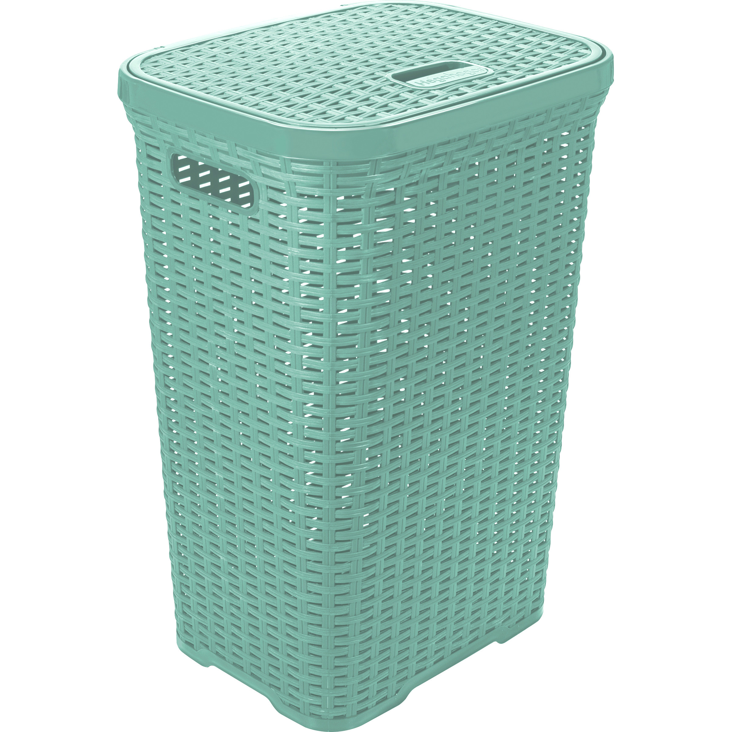 Wasmand met deksel Rotan - mintgroen - gevlochten kunststof - 60 liter - 34 x 43 x 62 cm -