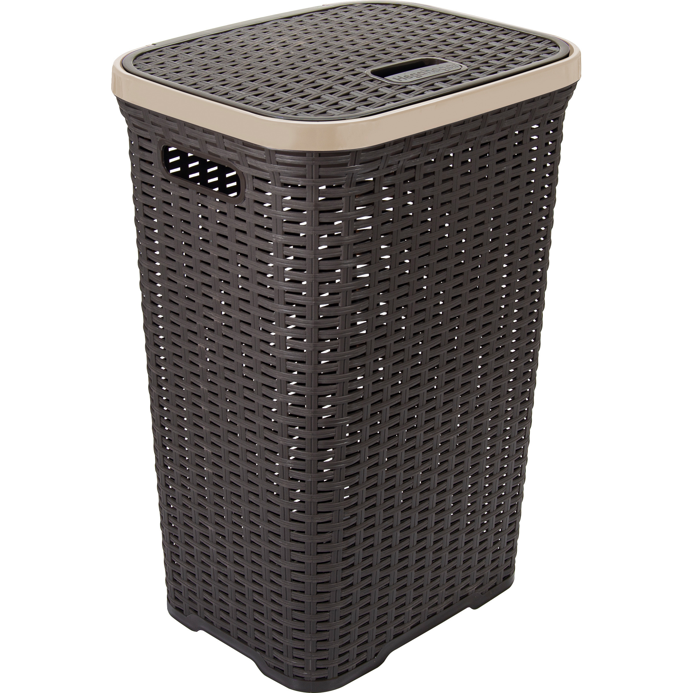 Wasmand met deksel Rotan - donkerbruin - gevlochten kunststof - 60 liter - 34 x 43 x 62 cm -