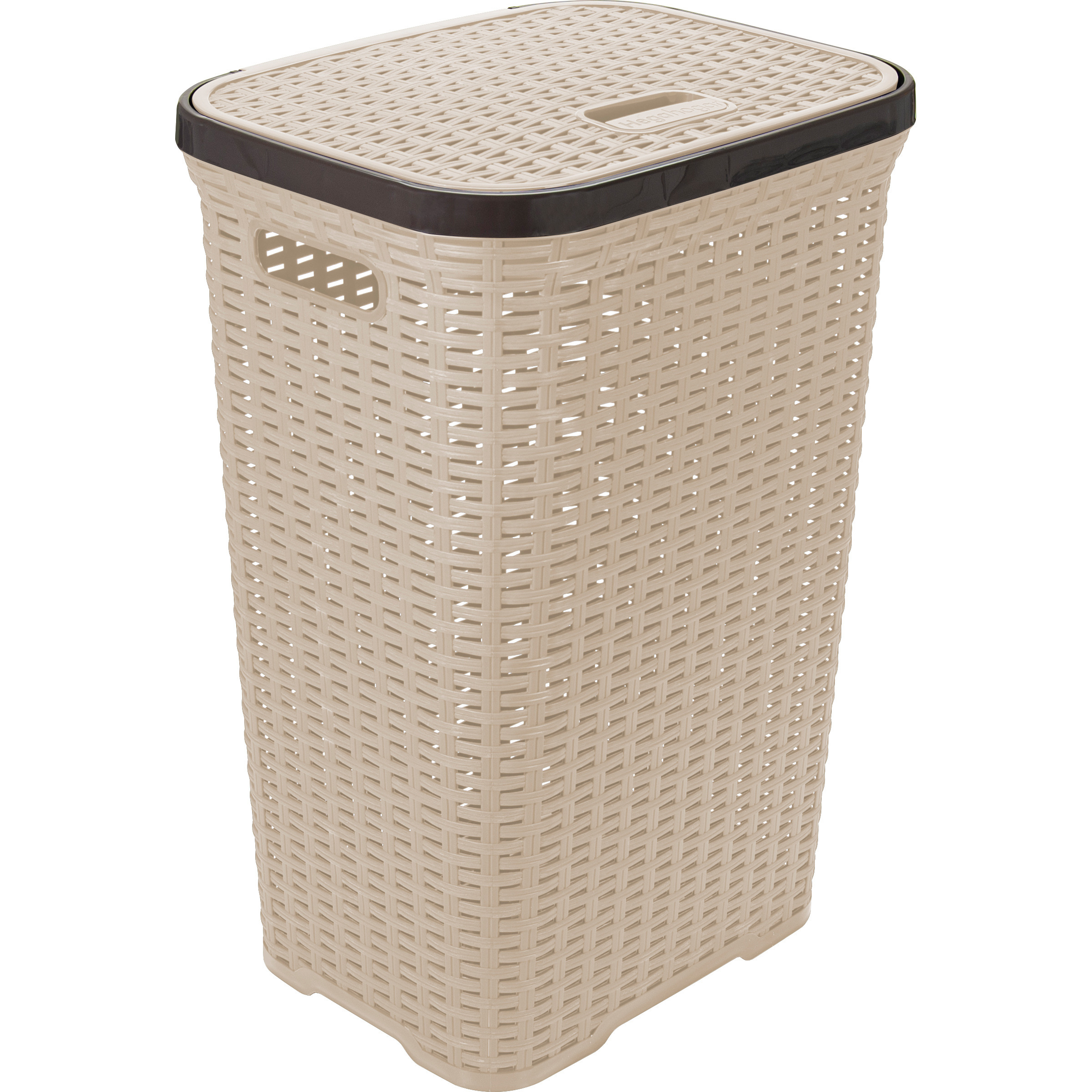 Wasmand met deksel Rotan - beige - gevlochten kunststof - 60 liter - 34 x 43 x 62 cm -