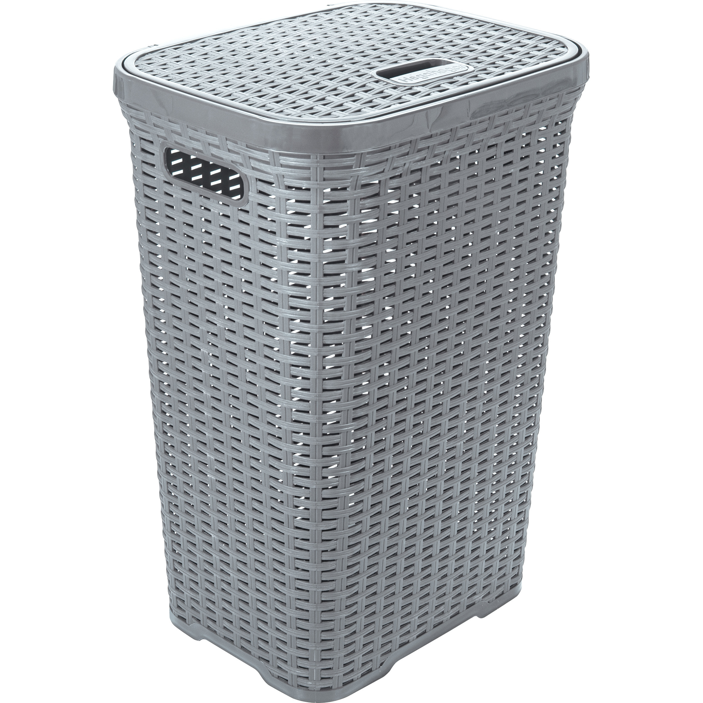 Wasmand met deksel Rotan - zilvergrijs - gevlochten kunststof - 60 liter - 34 x 43 x 62 cm -