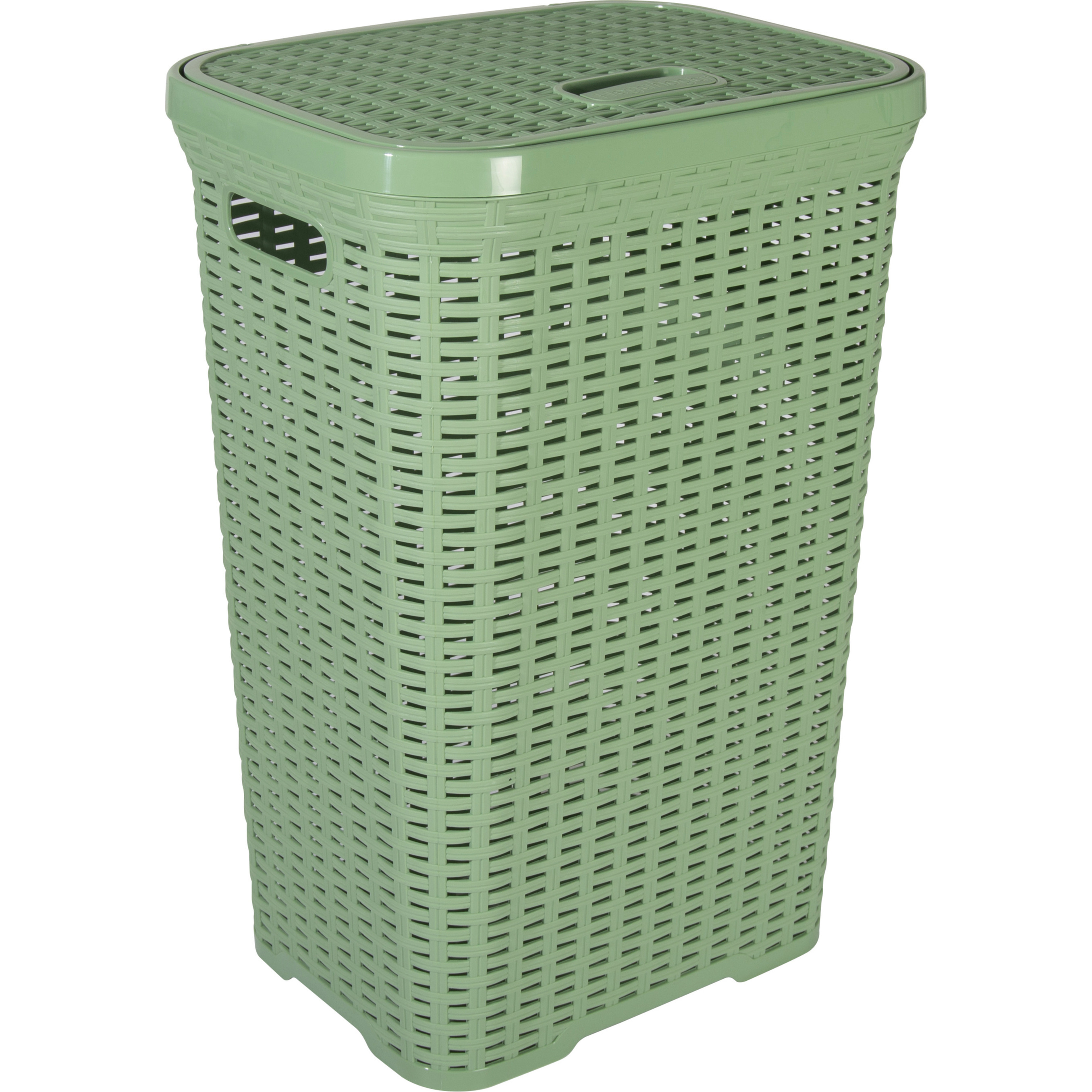 Wasmand met deksel Rotan - groen - gevlochten kunststof - 60 liter - 34 x 43 x 62 cm -