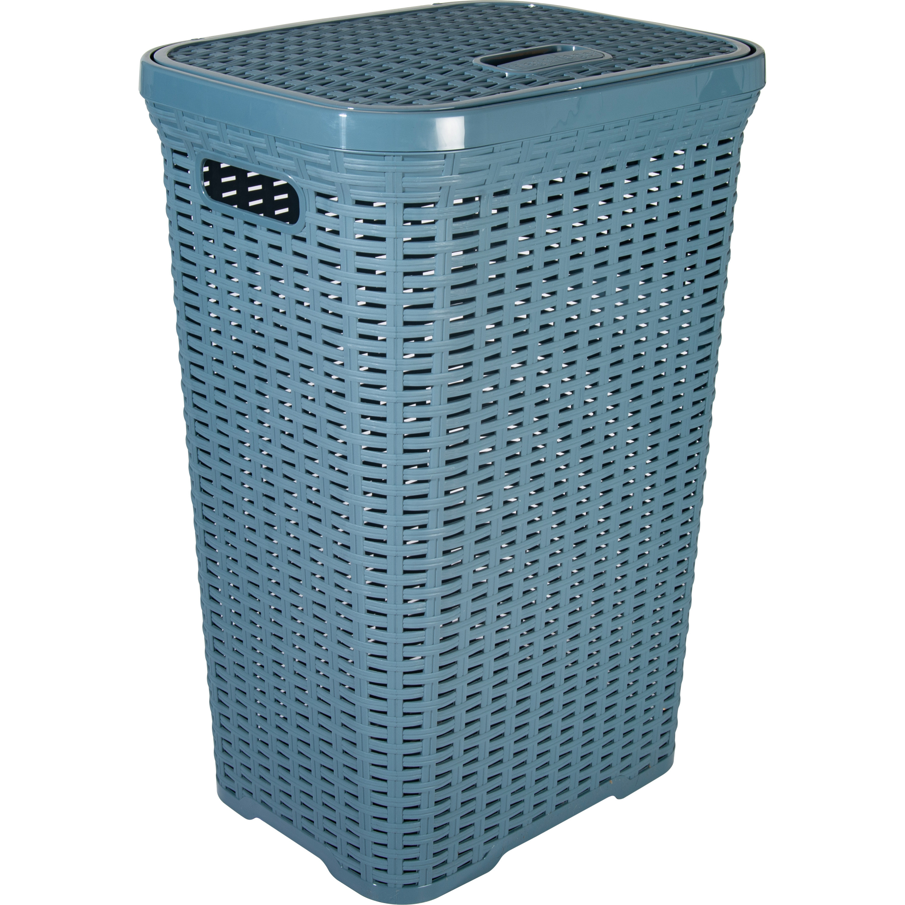 Wasmand met deksel Rotan - denim blauw - gevlochten kunststof - 60 liter - 34 x 43 x 62 cm -