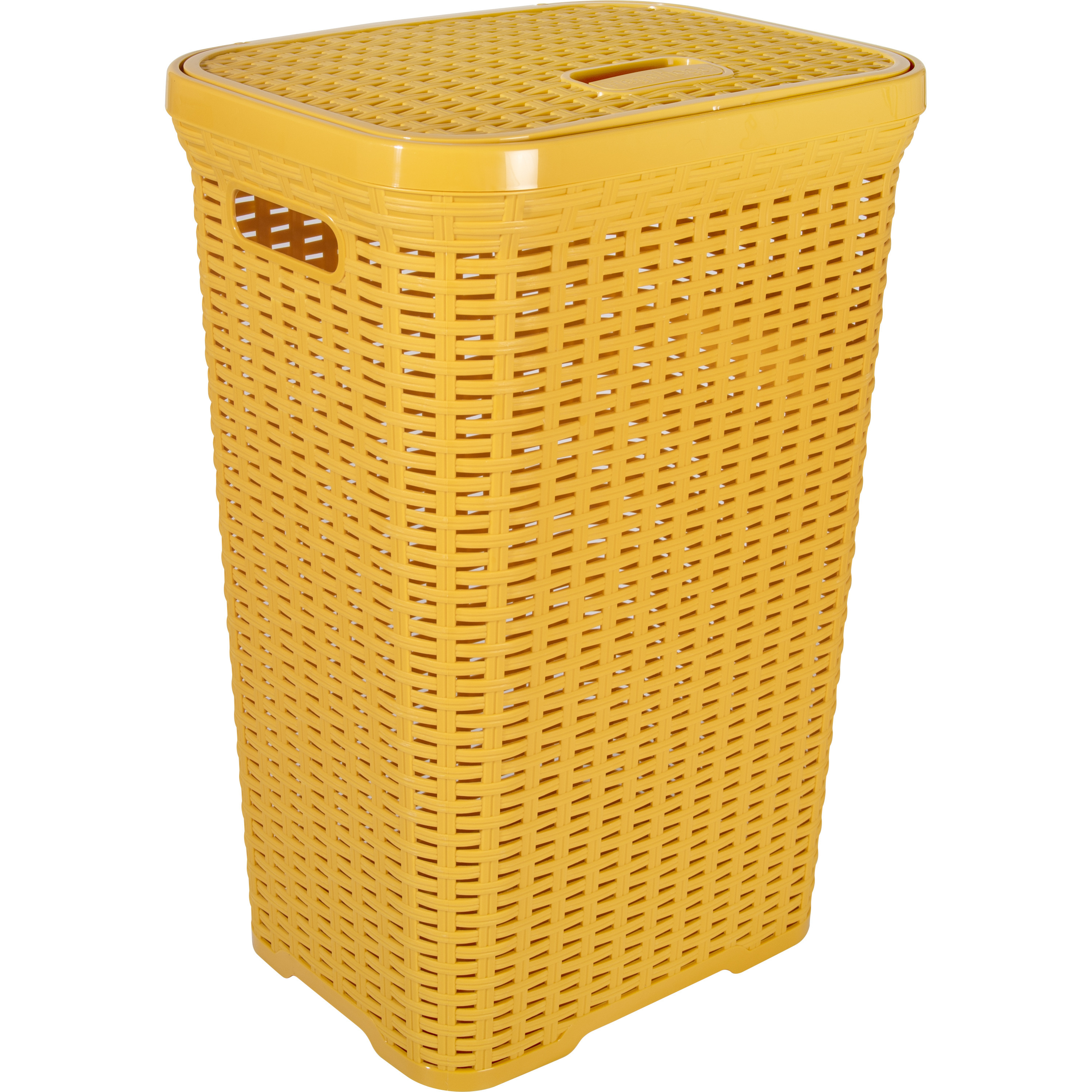 Wasmand met deksel Rotan - okergeel - gevlochten kunststof - 60 liter - 34 x 43 x 62 cm -