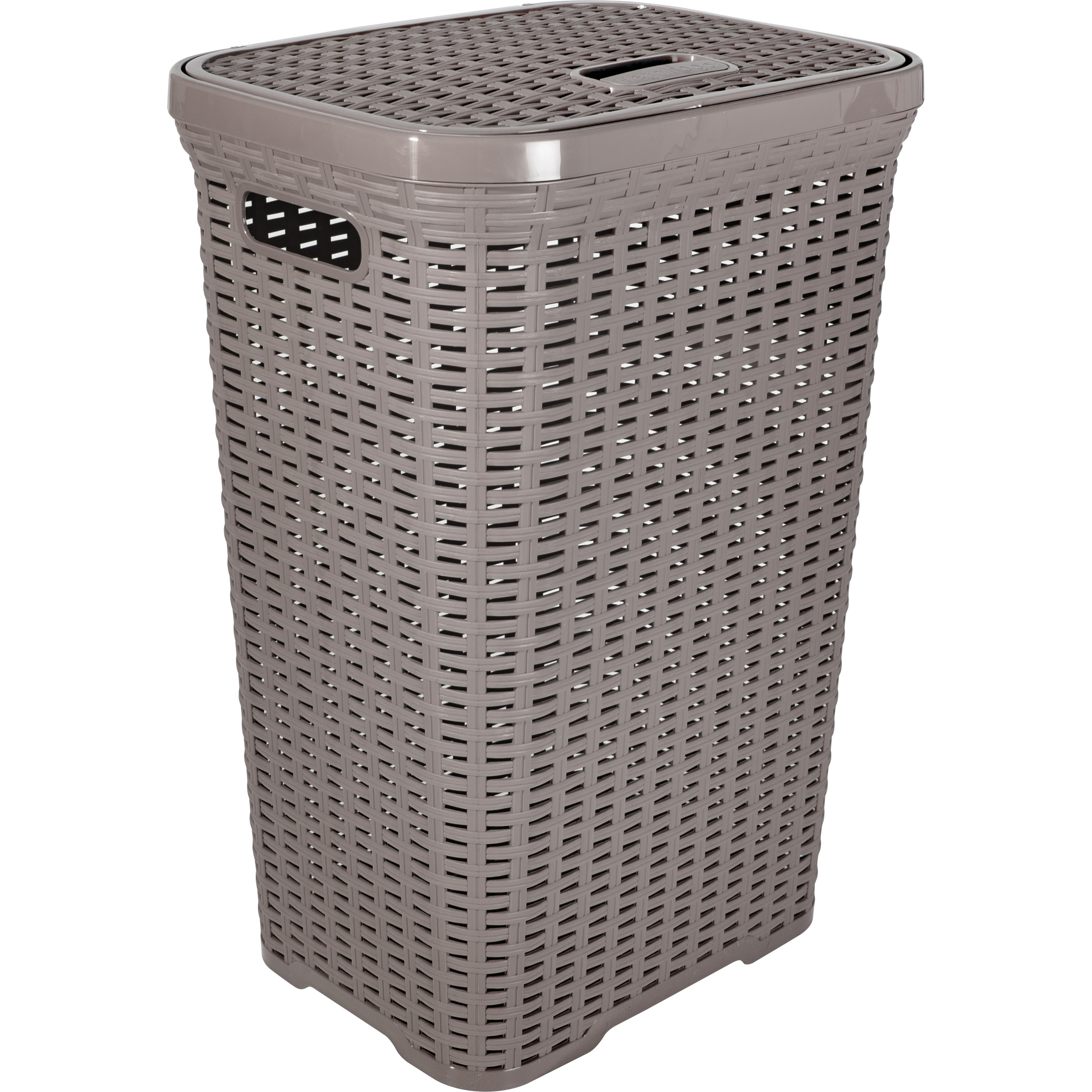 Wasmand met deksel Rotan - taupe - gevlochten kunststof - 60 liter - 34 x 43 x 62 cm -