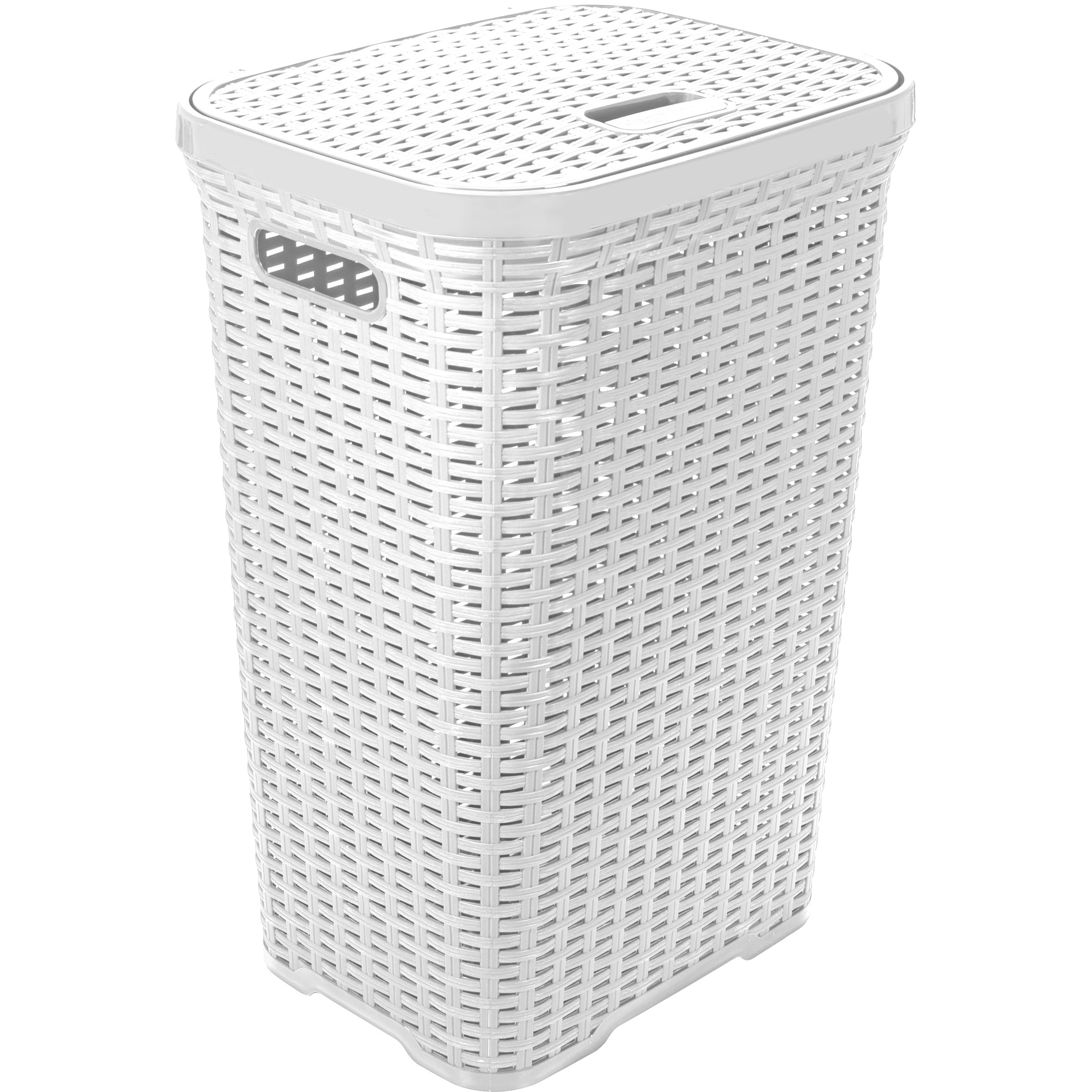 Wasmand met deksel Rotan - wit - gevlochten kunststof - 60 liter - 34 x 43 x 62 cm -