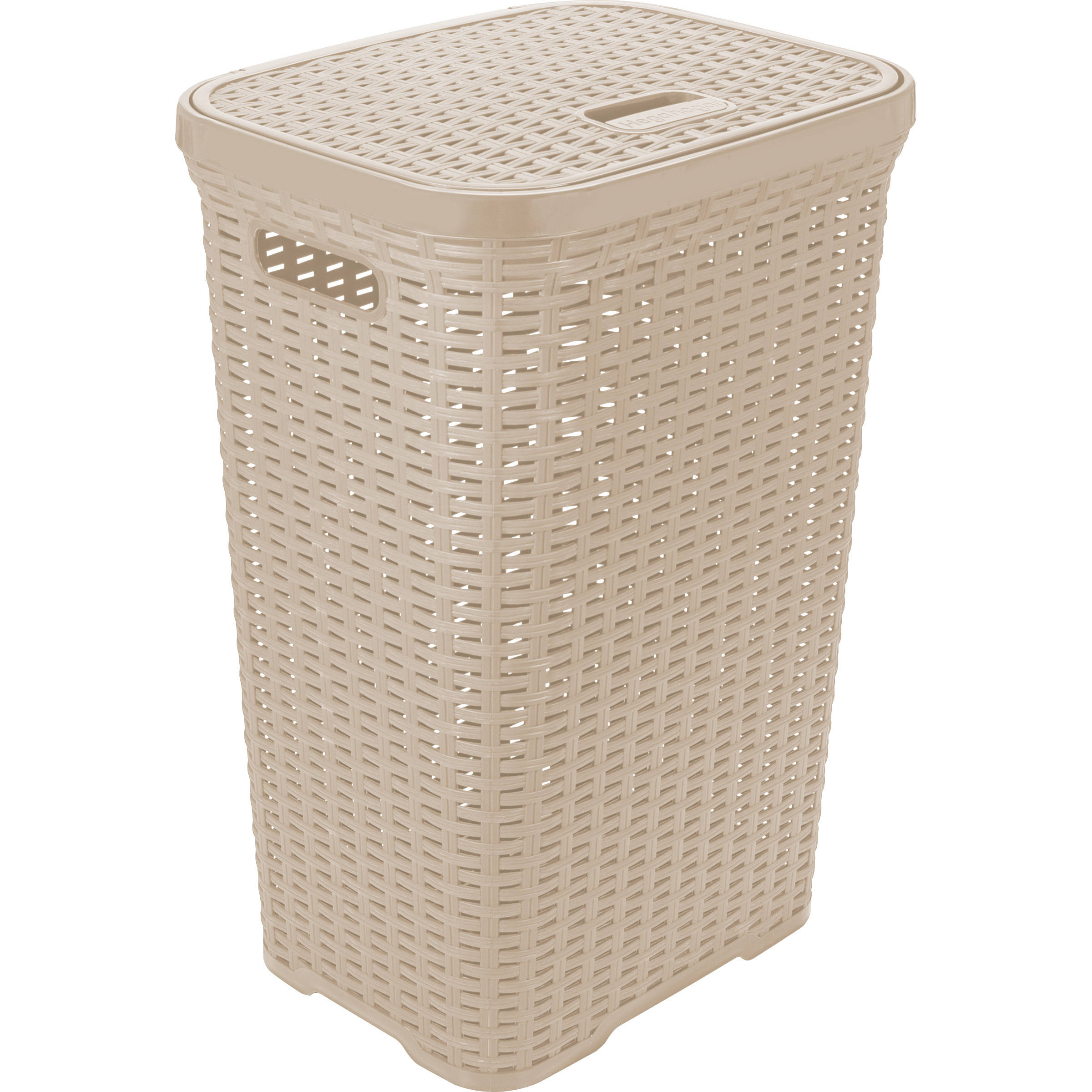 Wasmand met deksel Rotan - beige - gevlochten kunststof - 60 liter - 34 x 43 x 62 cm -