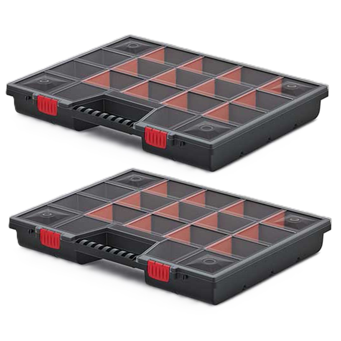 Sorteerbox/vakjes koffer - 2x - spijkers/schroeven/kleine spullen - 17-vaks - 49 x 39 x 6.5 cm -