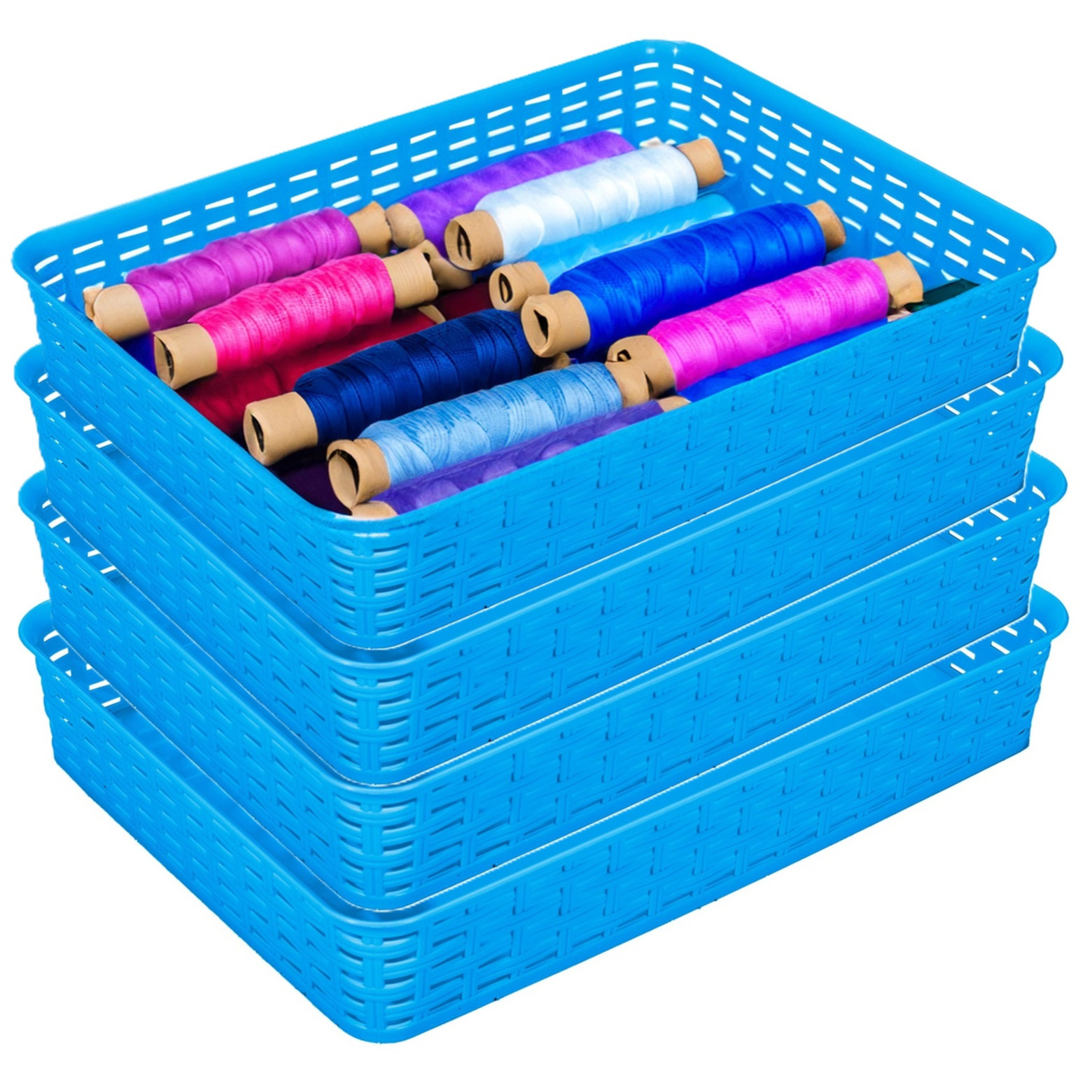 Opbergmandje/kastmandje - 4x - blauw - 4.5 liter - kunststof - 26 x 35 x 6 cm - ladeverdelers -