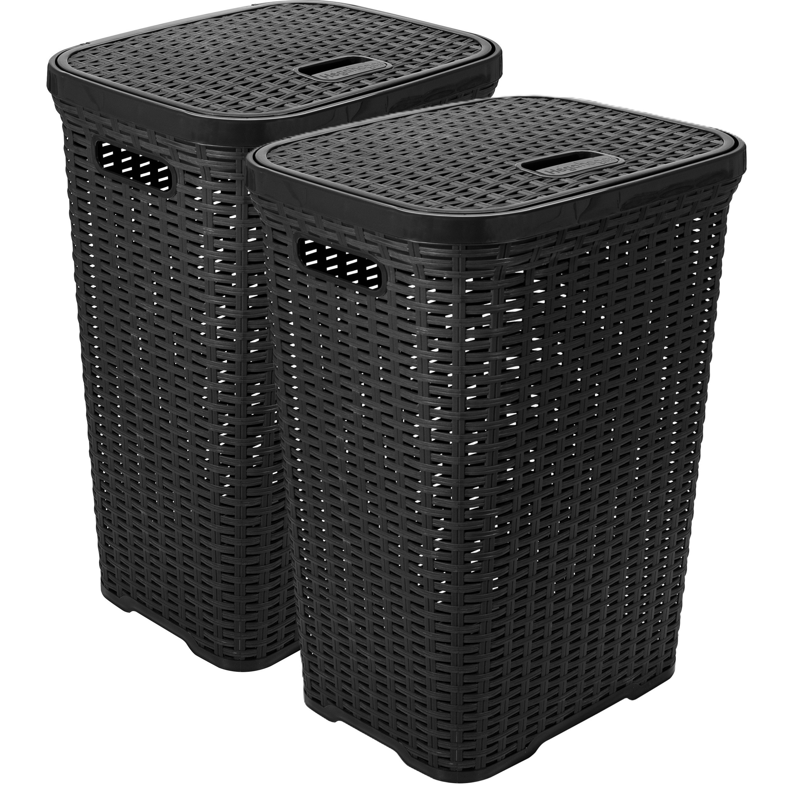 Wasmand met deksel Rotan - 2x - antraciet - gevlochten kunststof - 60 liter - 34 x 43 x 62 cm -