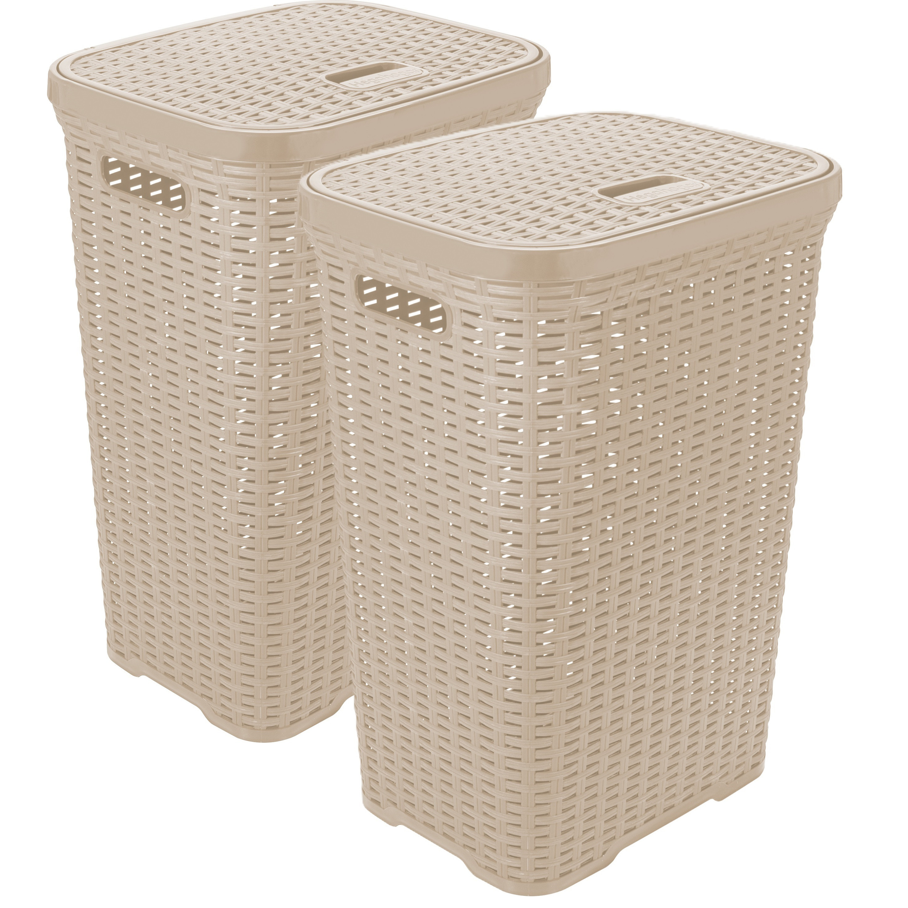 Wasmand met deksel Rotan - 2x - beige - gevlochten kunststof - 60 liter - 34 x 43 x 62 cm -