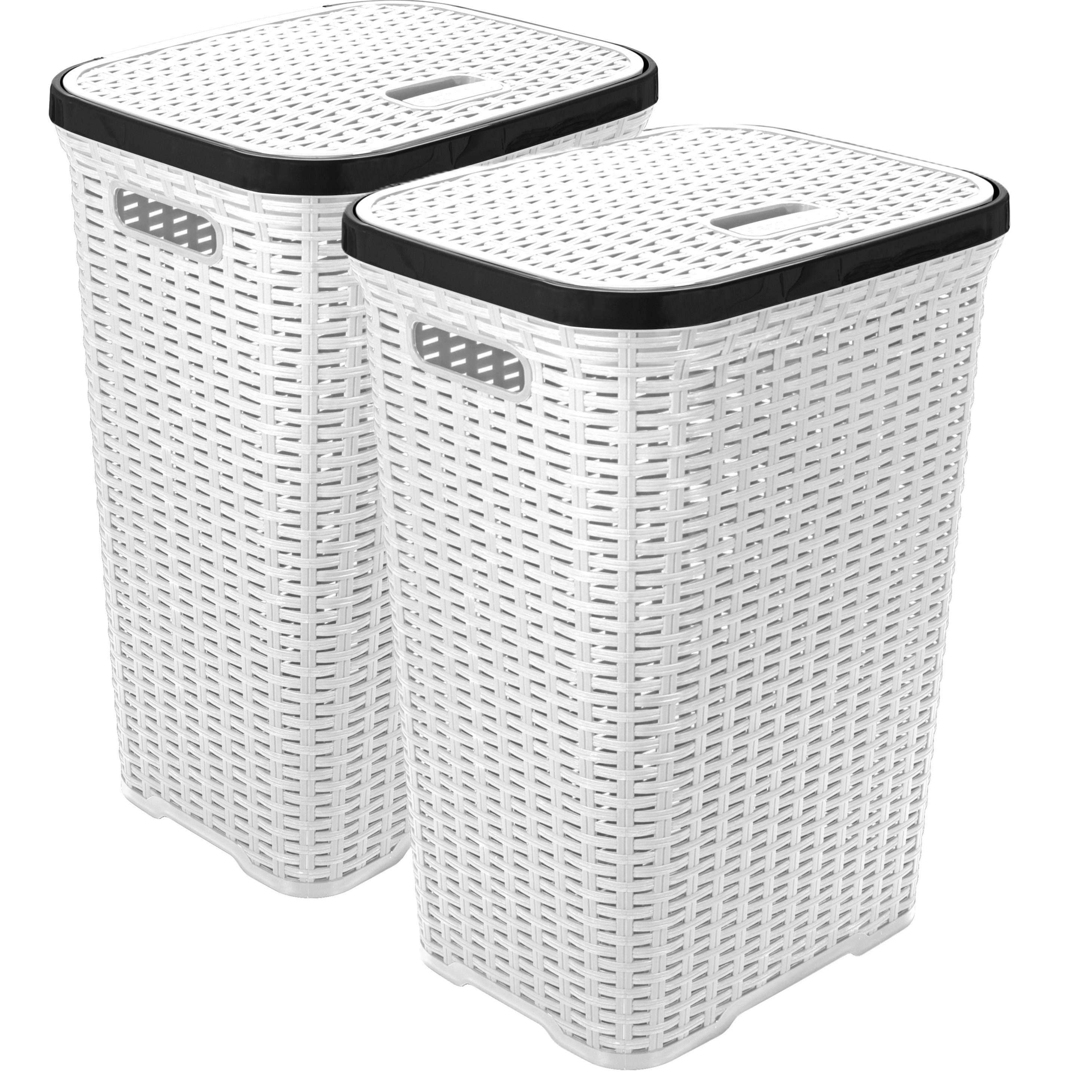 Wasmand met deksel Rotan - 2x - wit - gevlochten kunststof - 60 liter - 34 x 43 x 62 cm -