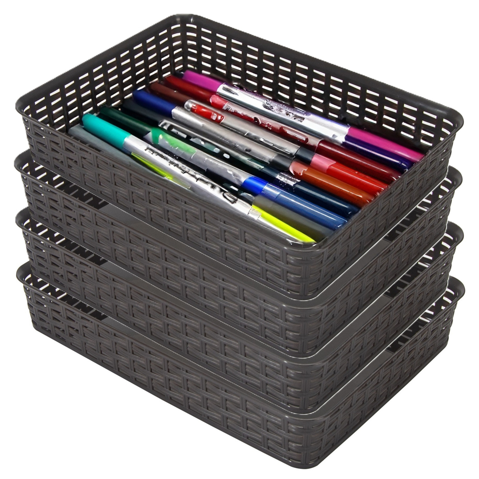 Opbergmandje/kastmandje - 4x - donkerbruin - 4.5 liter - kunststof - 26 x 35 x 6 cm - ladeverdelers -