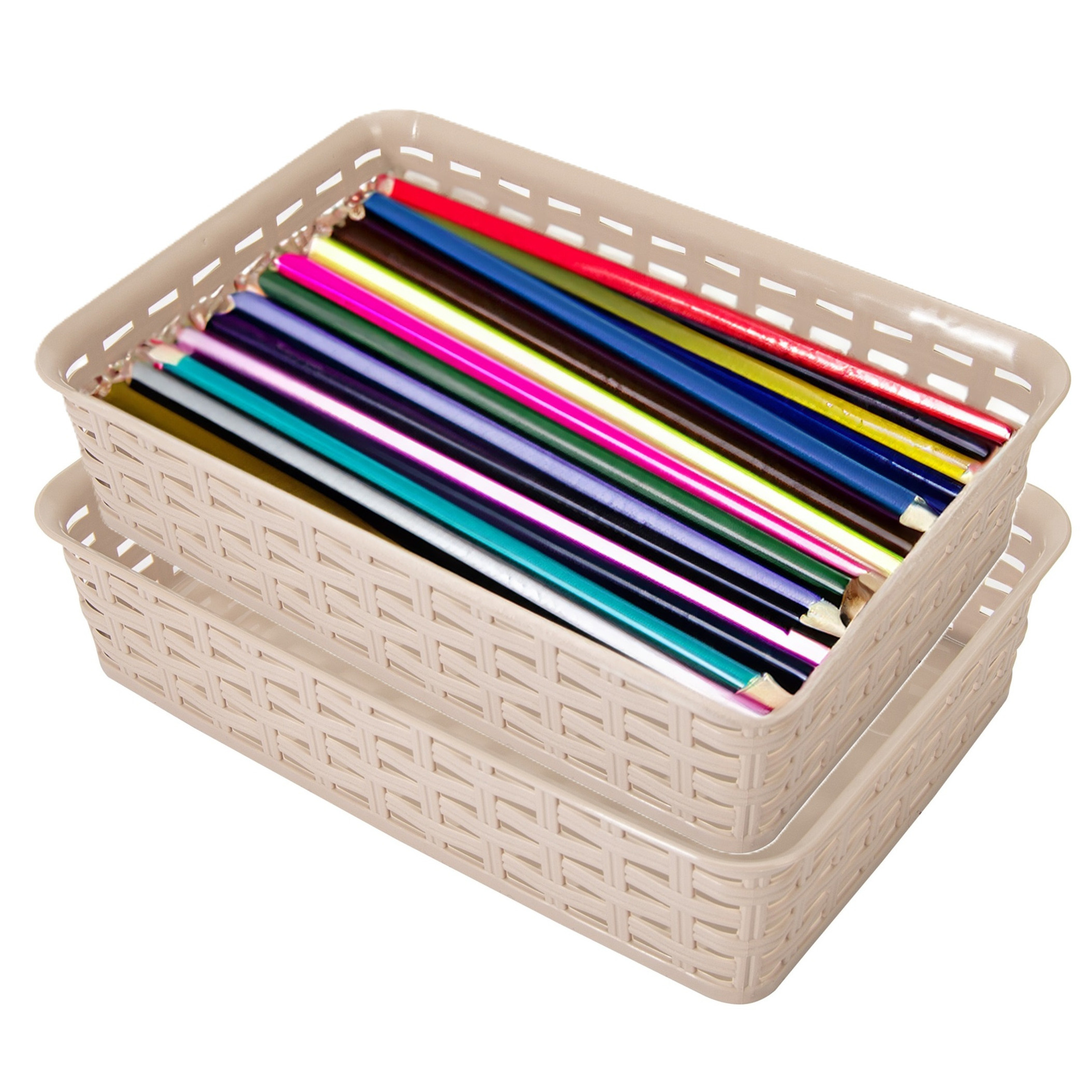 Opbergmandje/ladeverdeler - 2x - beige - 2 liter - kunststof - 17 x 25 x 6 cm - kleine bakjes -