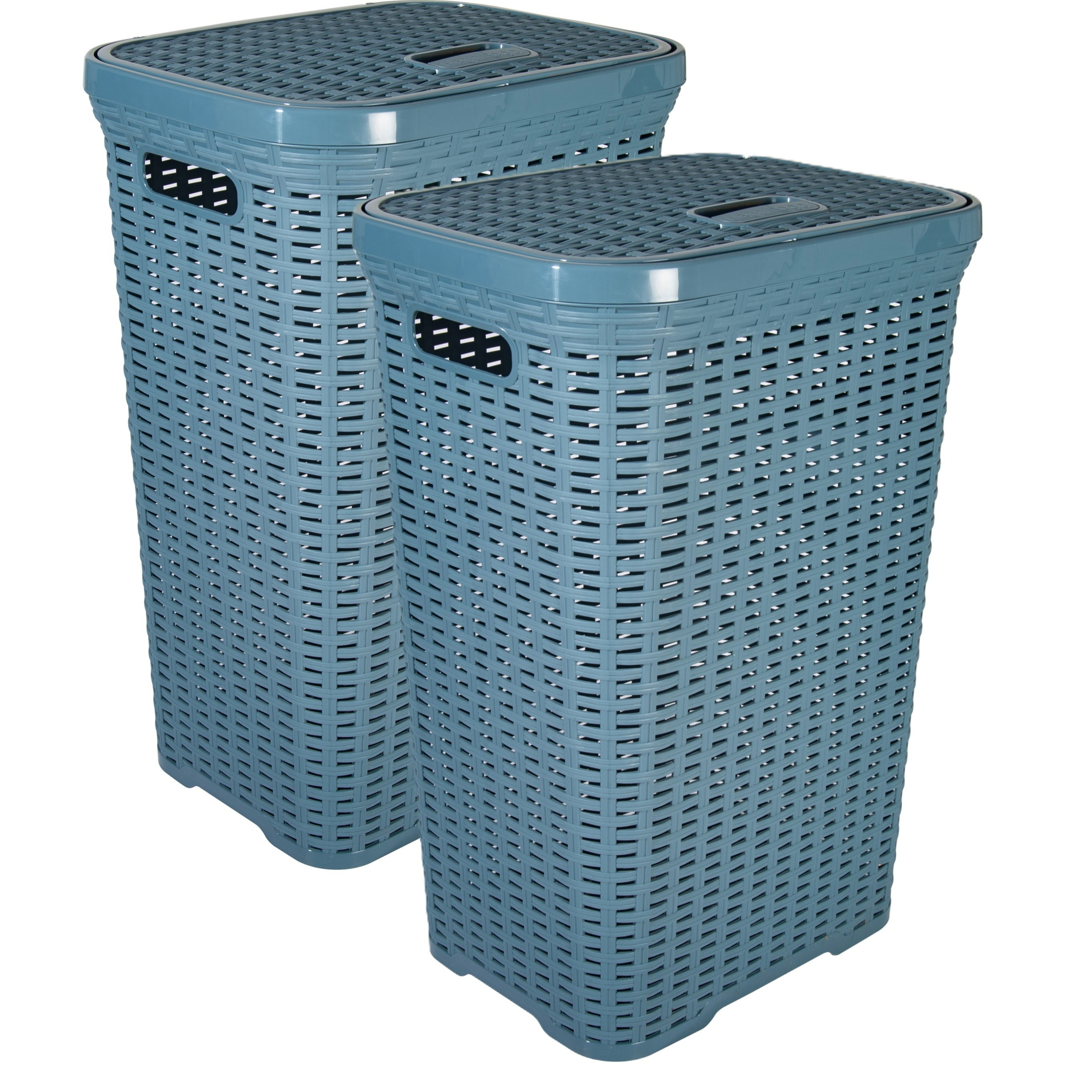 Wasmand met deksel Rotan - 2x - denim blauw - gevlochten kunststof - 60 liter - 34 x 43 x 62 cm -