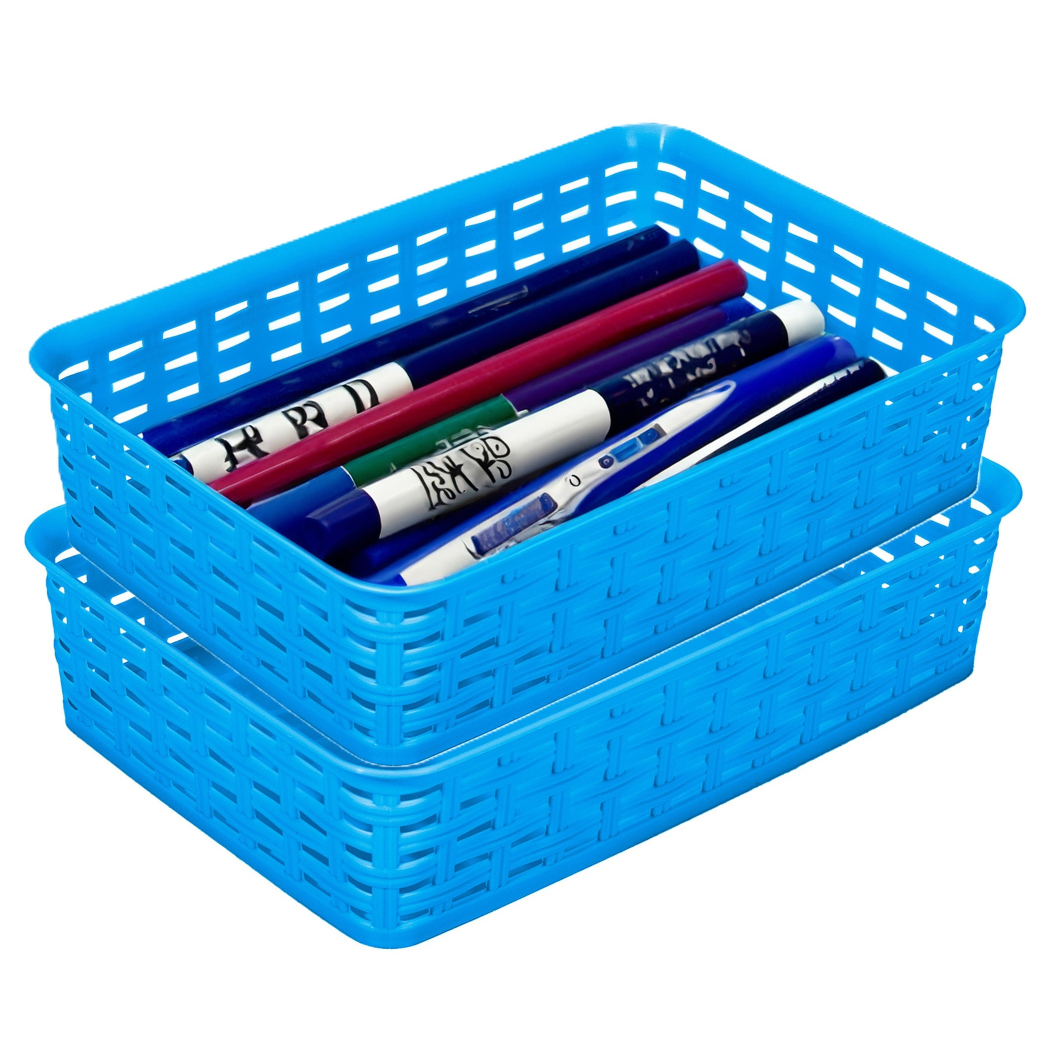 Opbergmandje/ladeverdeler - 2x - blauw - 2 liter - kunststof - 17 x 25 x 6 cm - kleine bakjes -