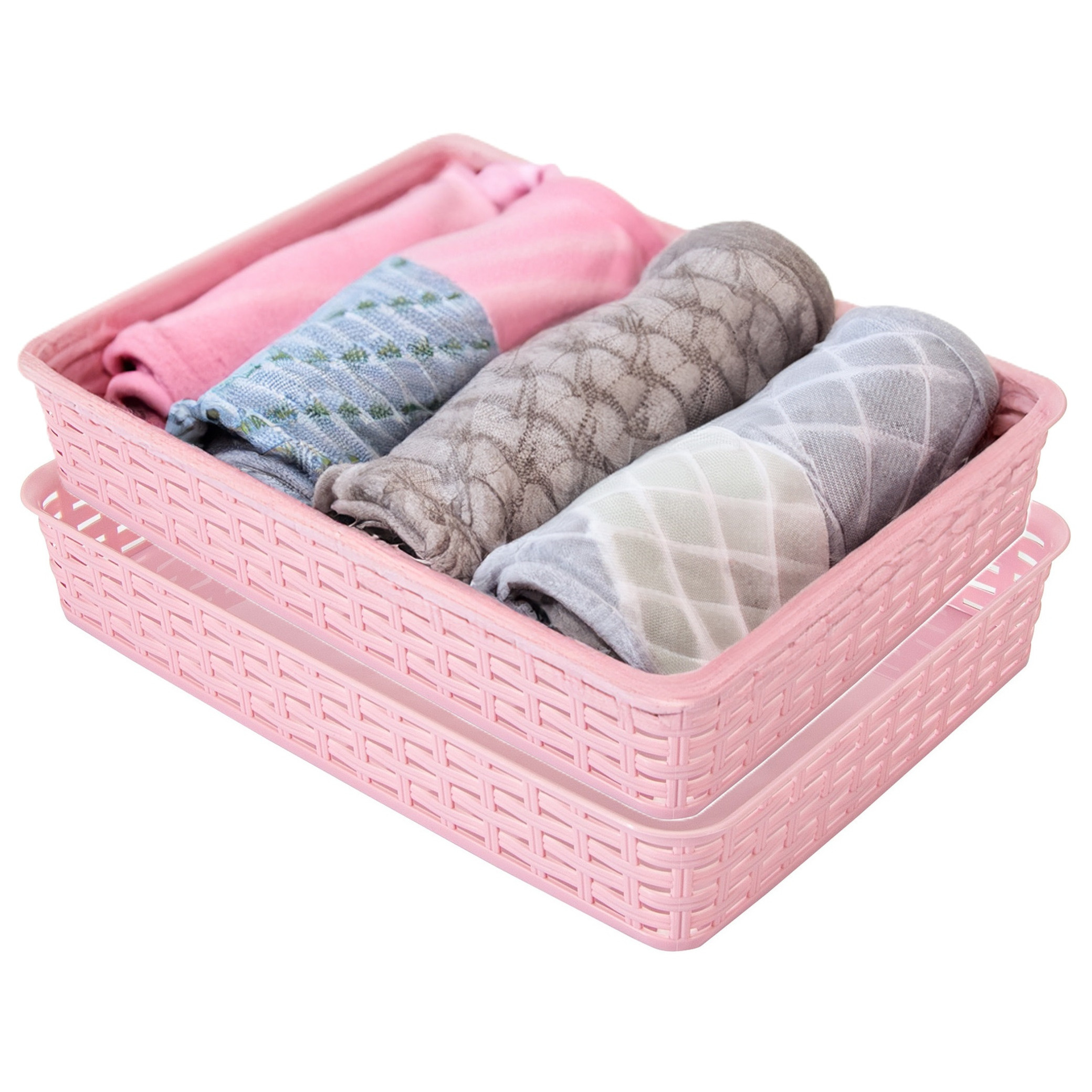 Opbergmandje/kastmandje - 2x - roze - 4.5 liter - kunststof - 26 x 35 x 6 cm - ladeverdelers -