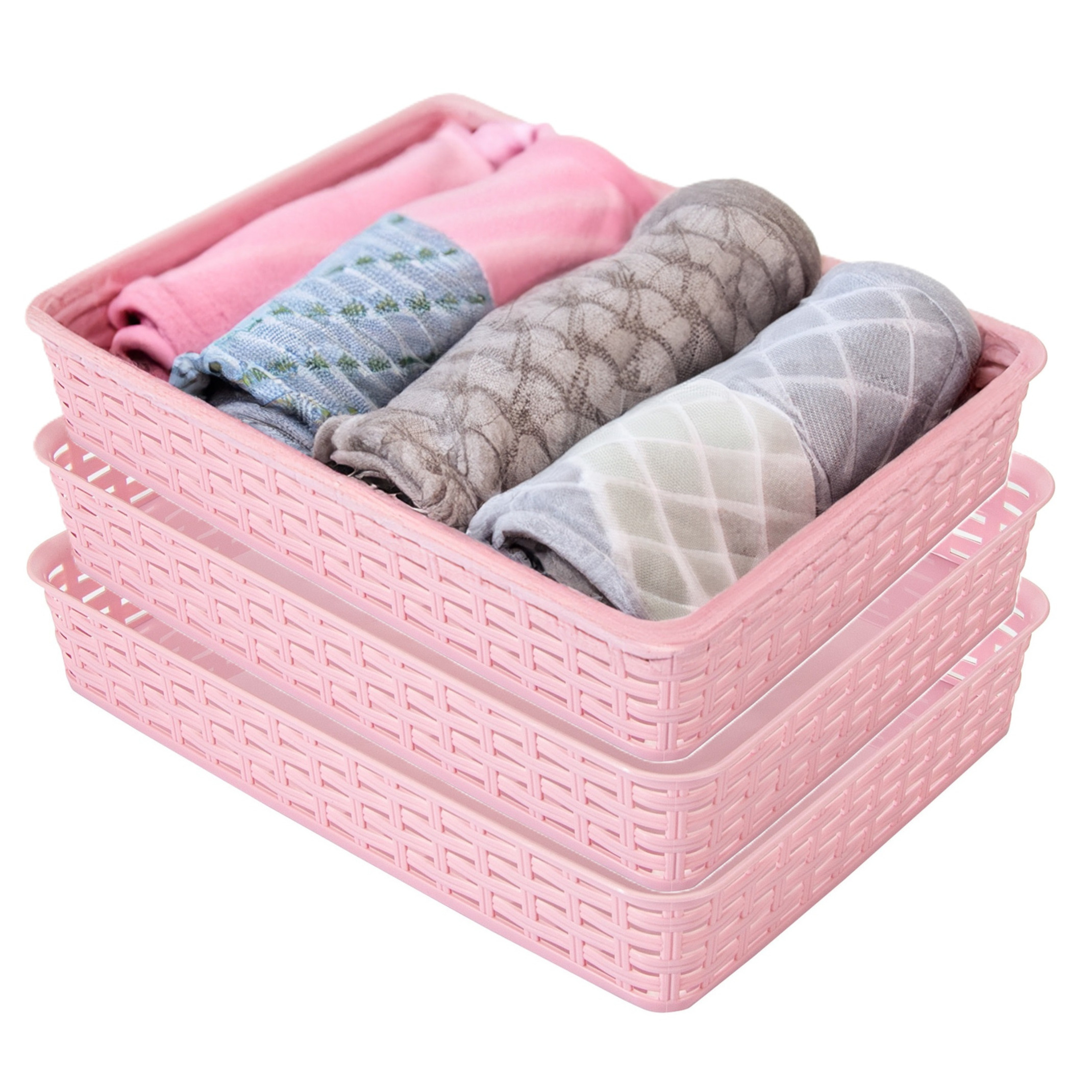 Opbergmandje/kastmandje - 3x - roze - 4.5 liter - kunststof - 26 x 35 x 6 cm - ladeverdelers -