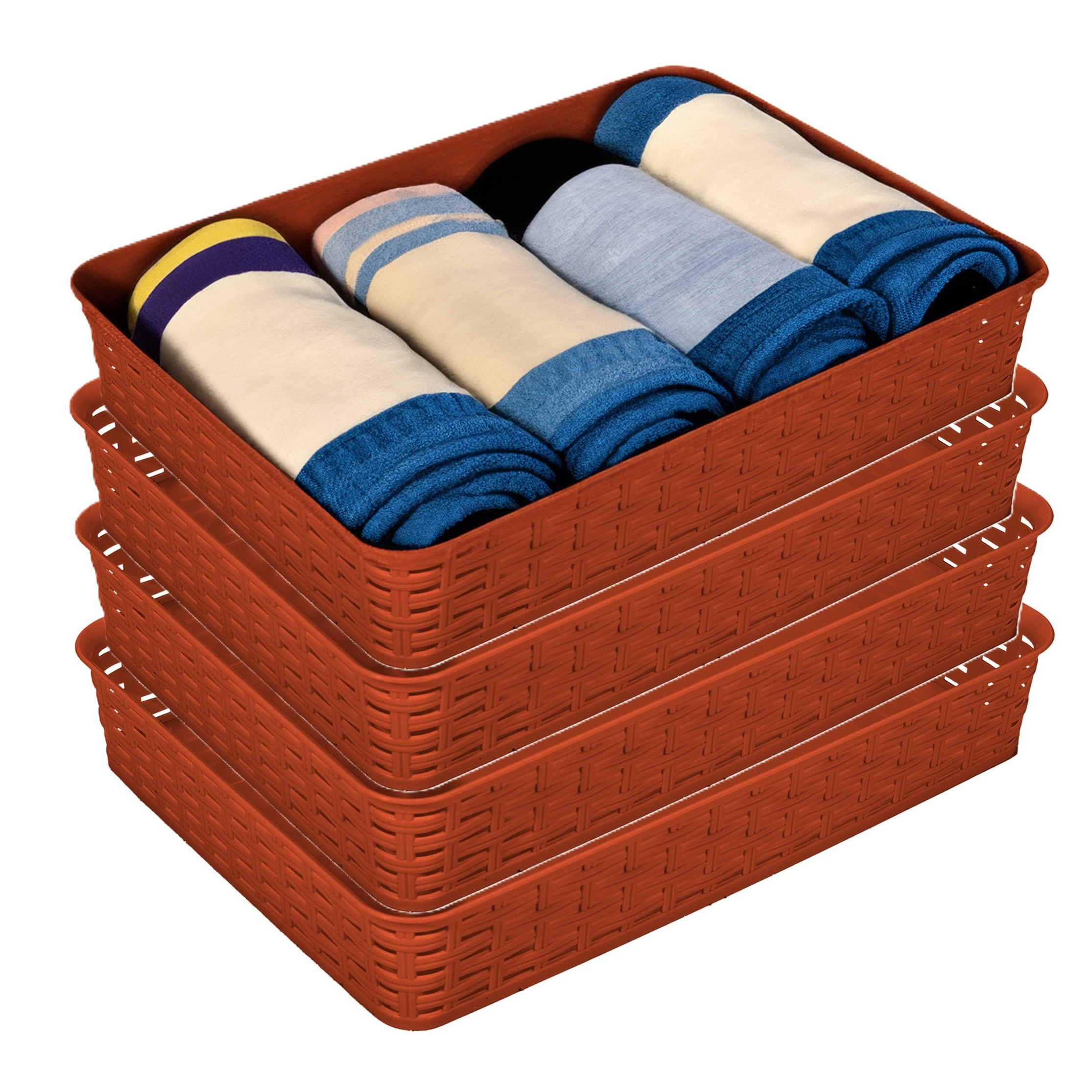 Opbergmandje/kastmandje - 4x - terra bruin - 4.5 liter - kunststof - 26 x 35 x 6 cm - ladeverdelers -