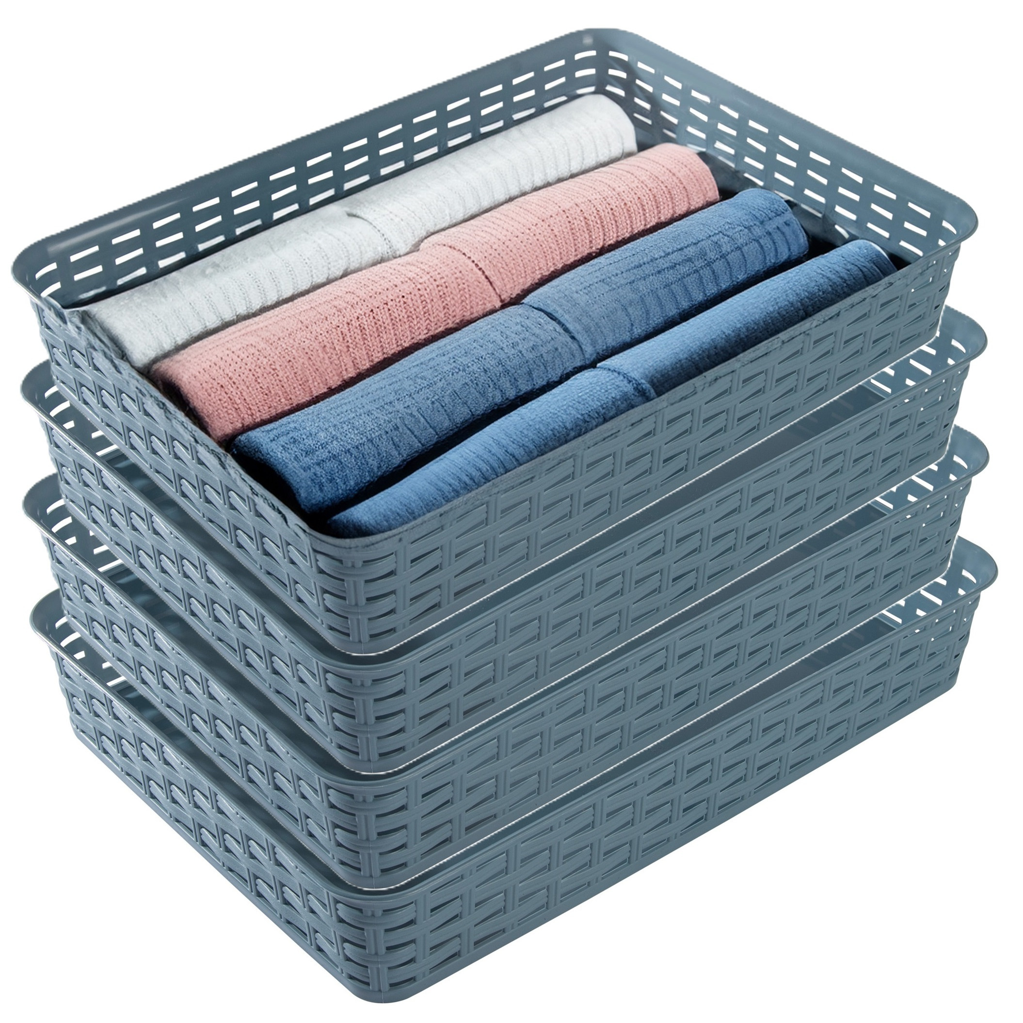 Opbergmandje/kastmandje - 4x - denin blauw - 4.5 liter - kunststof - 26 x 35 x 6 cm - ladeverdelers -