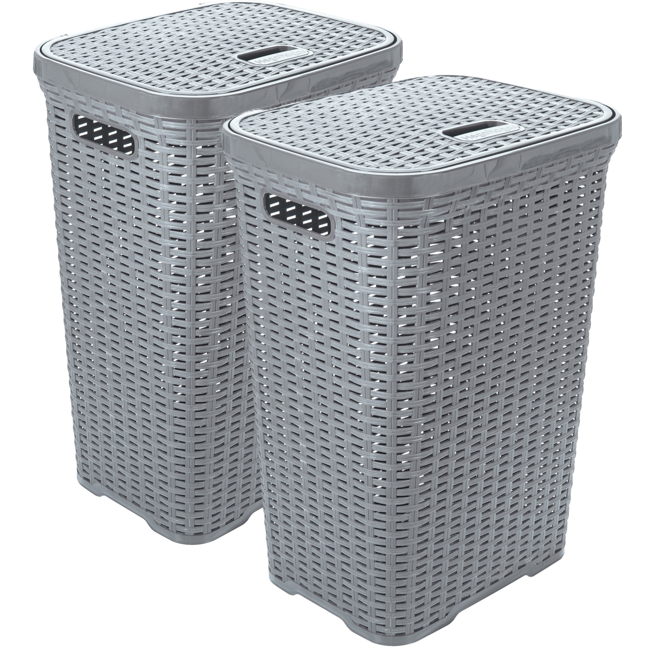 Wasmand met deksel Rotan - 2x - zilvergrijs - gevlochten kunststof - 60 liter - 34 x 43 x 62 cm -