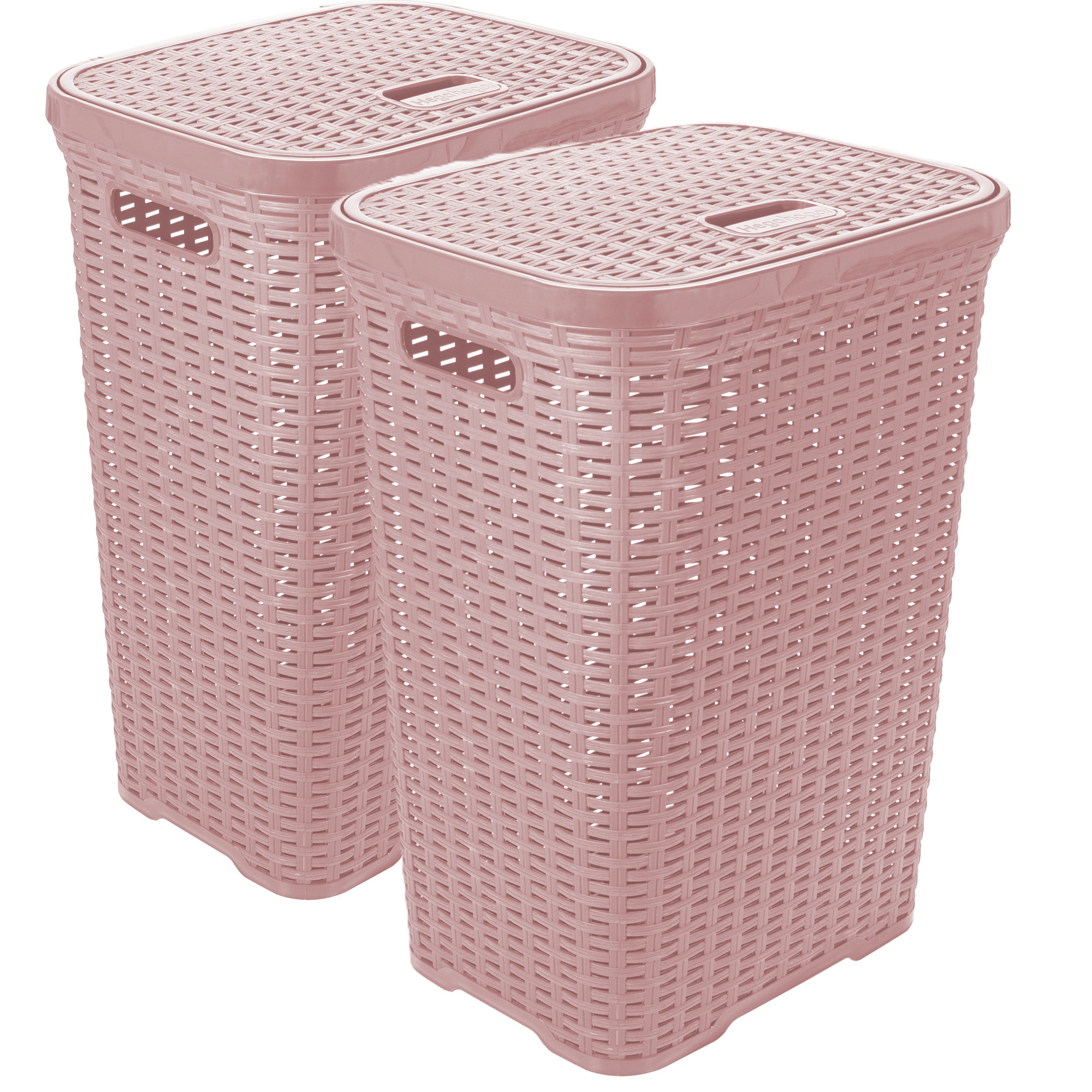 Wasmand met deksel Rotan - 2x - roze - gevlochten kunststof - 60 liter - 34 x 43 x 62 cm -