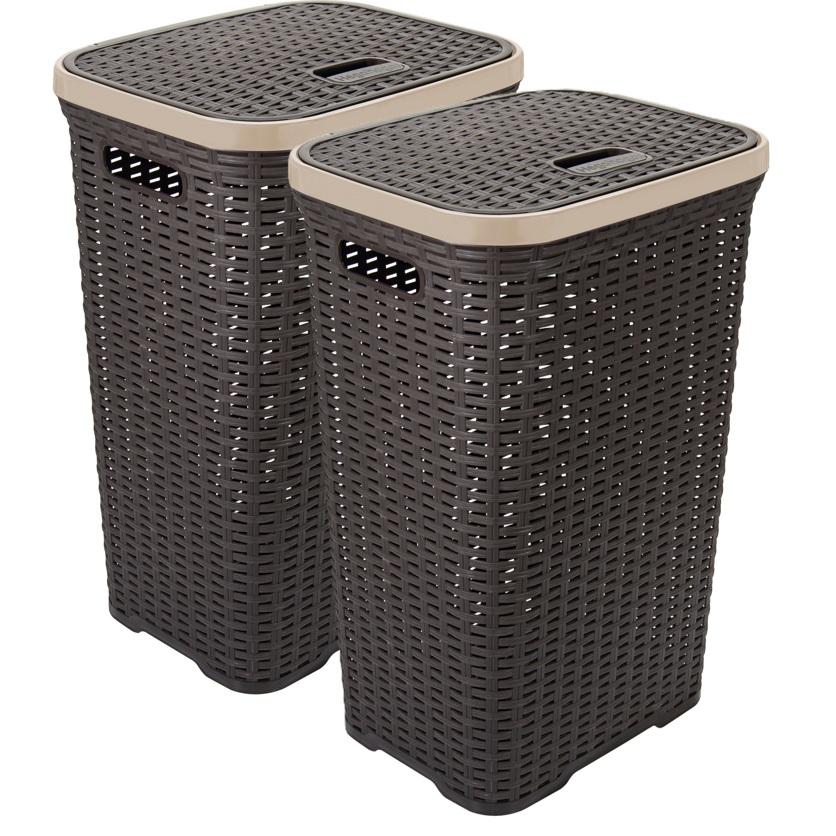 Wasmand met deksel Rotan - 2x - donkerbruin - gevlochten kunststof - 60 liter - 34 x 43 x 62 cm -