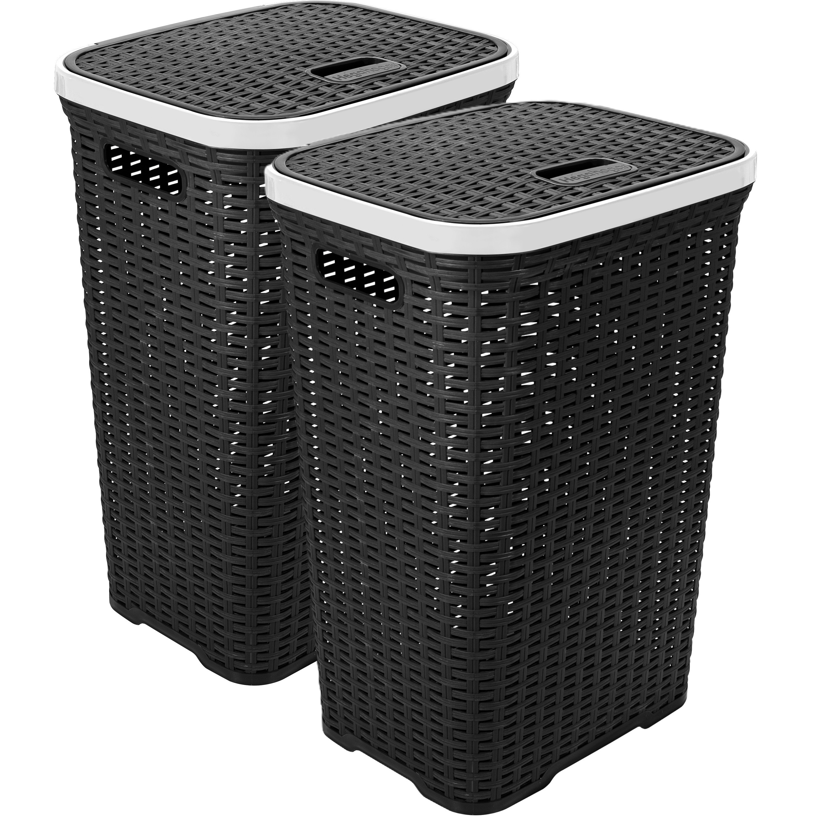 Wasmand met deksel Rotan - 2x - antraciet - gevlochten kunststof - 60 liter - 34 x 43 x 62 cm -