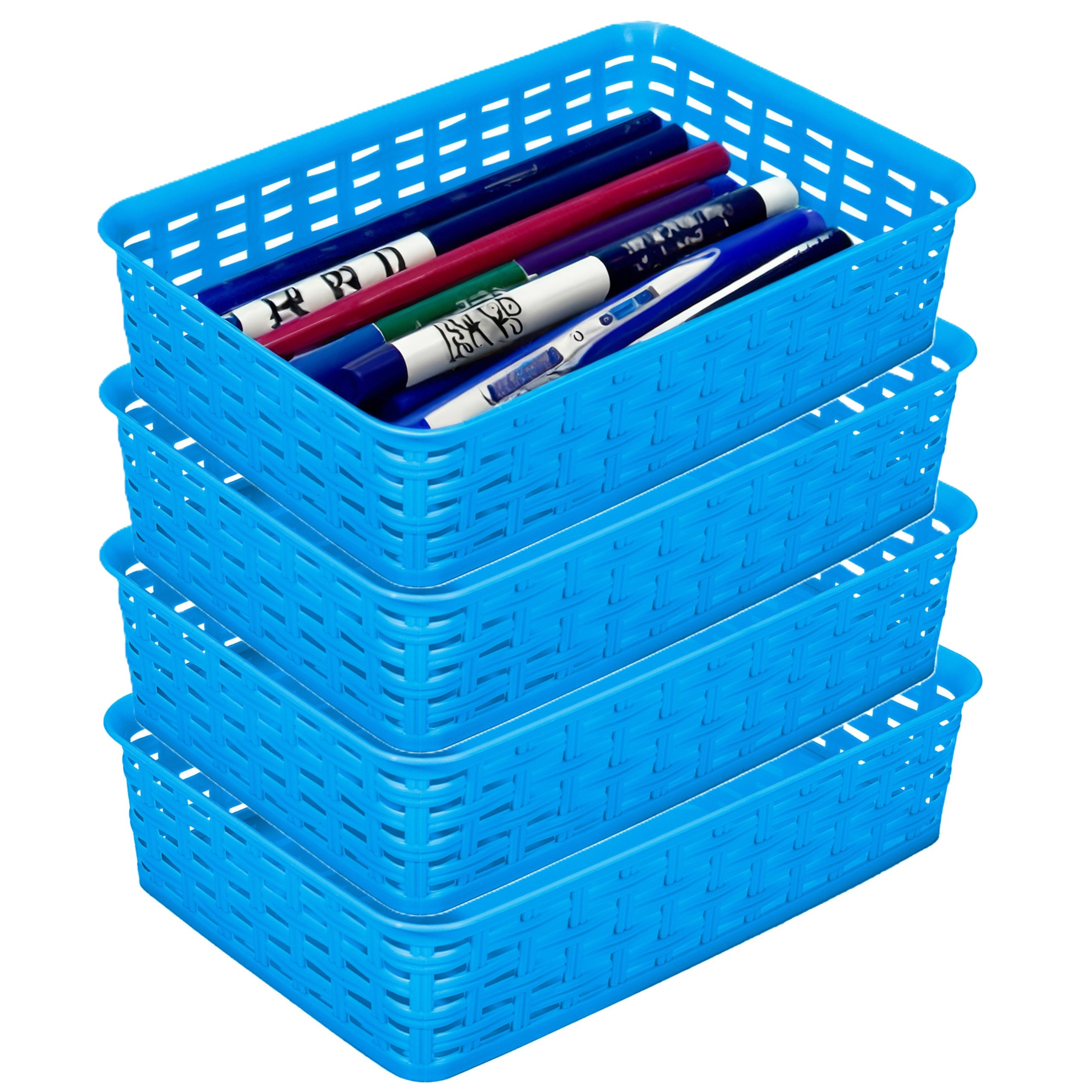 Opbergmandje/ladeverdeler - 4x - blauw - 2 liter - kunststof - 17 x 25 x 6 cm - kleine bakjes -