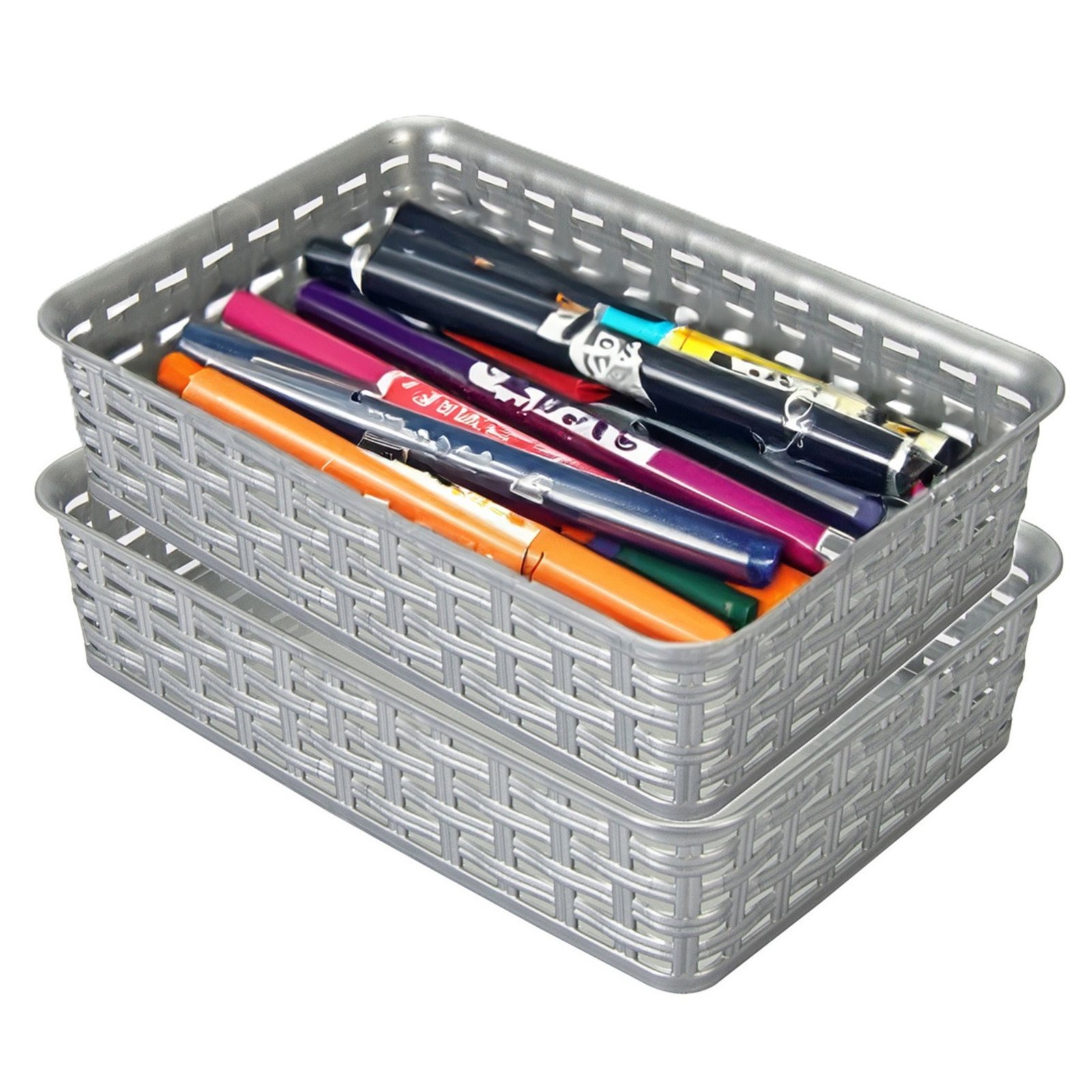 Opbergmandje/ladeverdeler - 2x - zilvergrijs - 2 liter - kunststof - 17 x 25 x 6 cm - kleine bakjes -