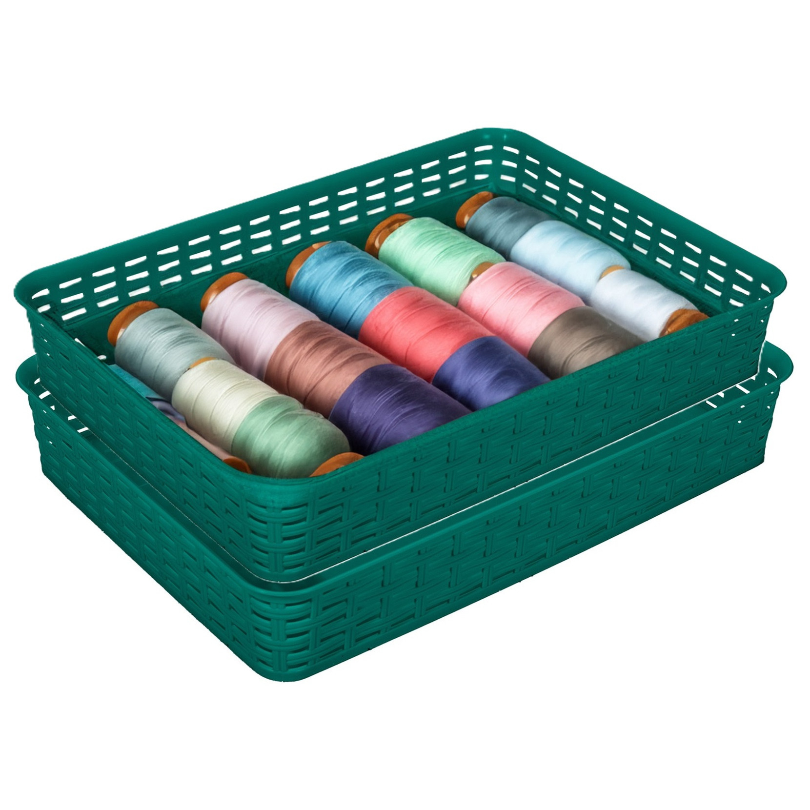 Opbergmandje/kastmandje - 2x - donkergroen - 4.5 liter - kunststof - 26 x 35 x 6 cm - ladeverdelers -
