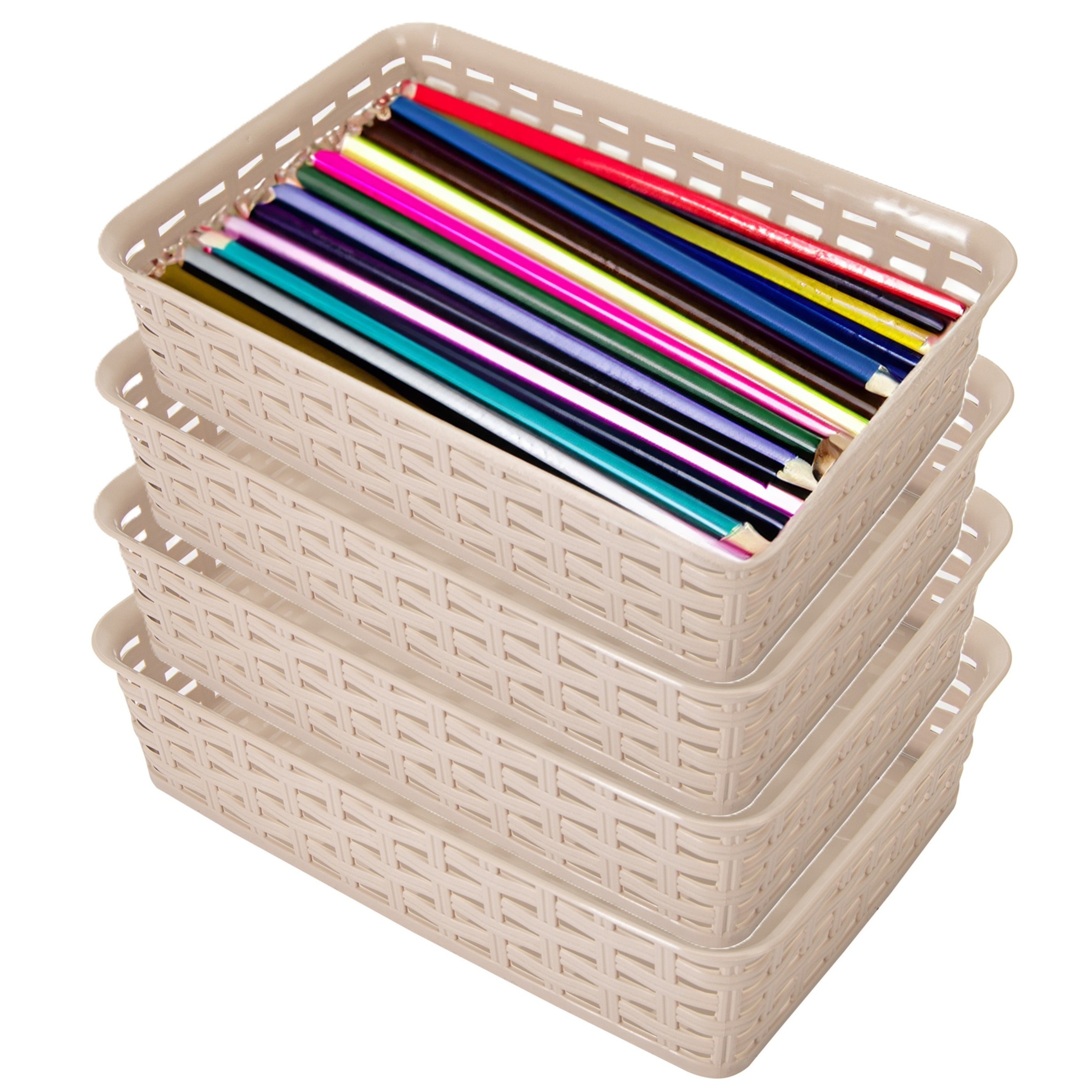 Opbergmandje/ladeverdeler - 4x - beige - 2 liter - kunststof - 17 x 25 x 6 cm - kleine bakjes -