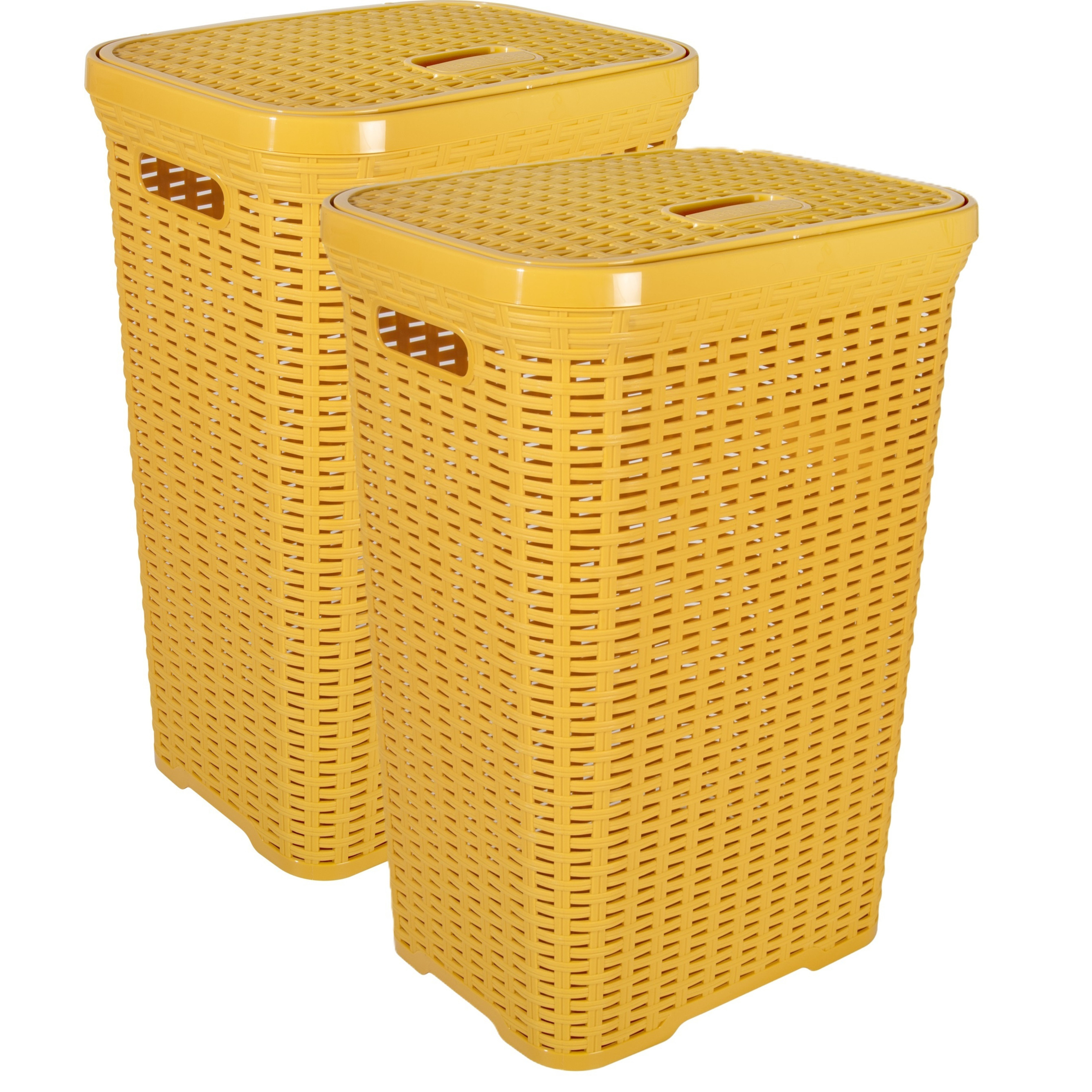 Wasmand met deksel Rotan - 2x - okergeel - gevlochten kunststof - 60 liter - 34 x 43 x 62 cm -