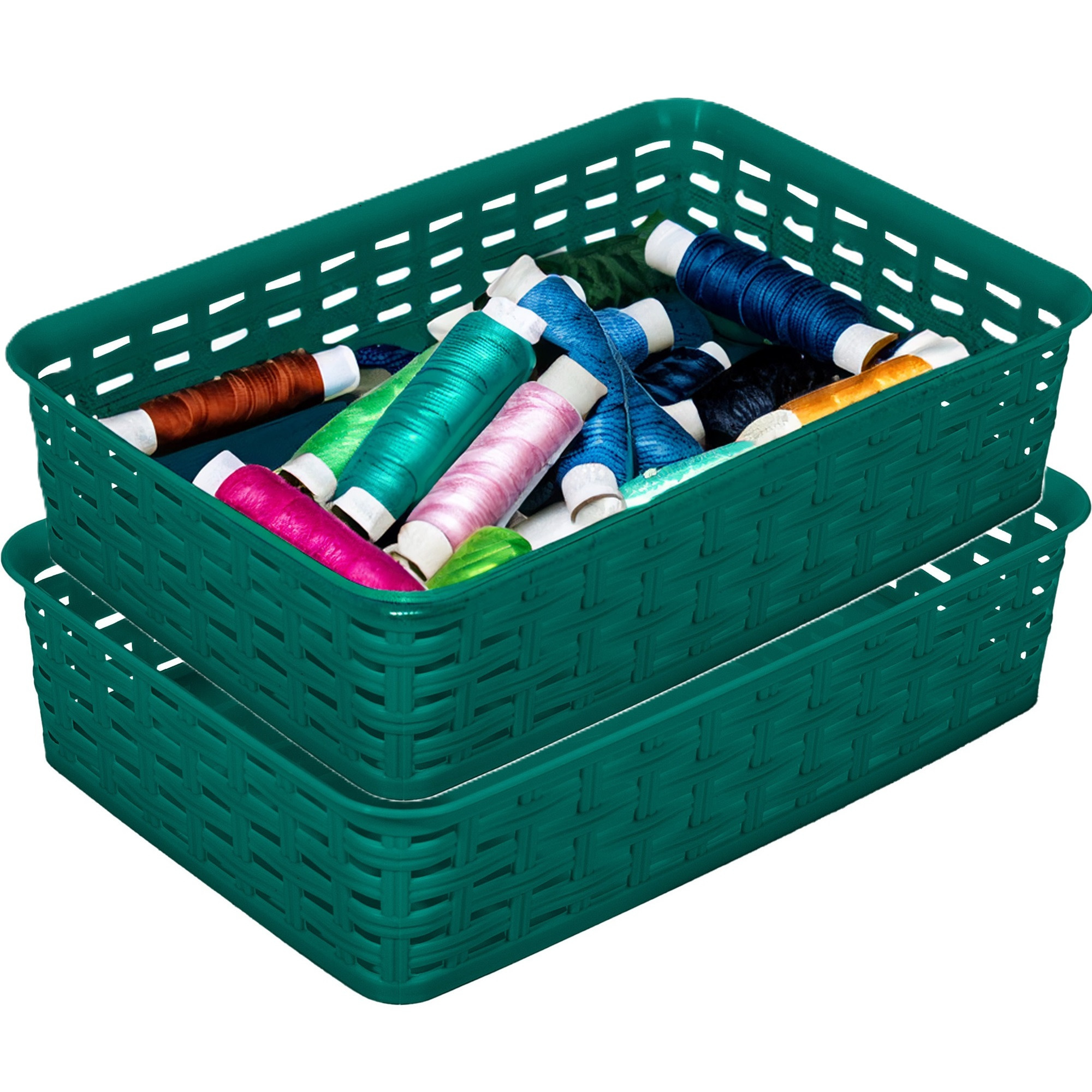 Opbergmandje/ladeverdeler - 2x - donkergroen - 2 liter - kunststof - 17 x 25 x 6 cm - kleine bakjes -