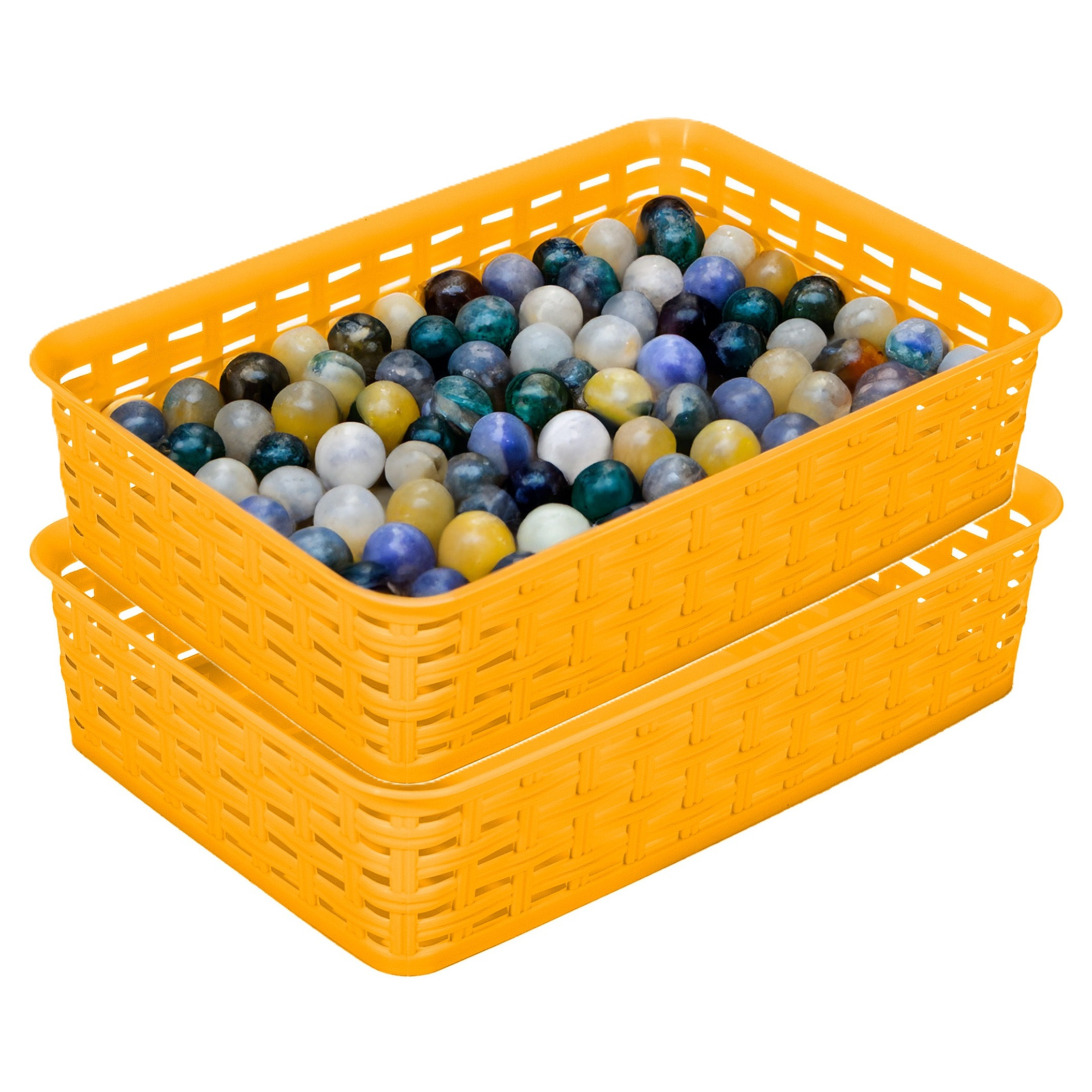 Opbergmandje/ladeverdeler - 2x - geel - 2 liter - kunststof - 17 x 25 x 6 cm - kleine bakjes -