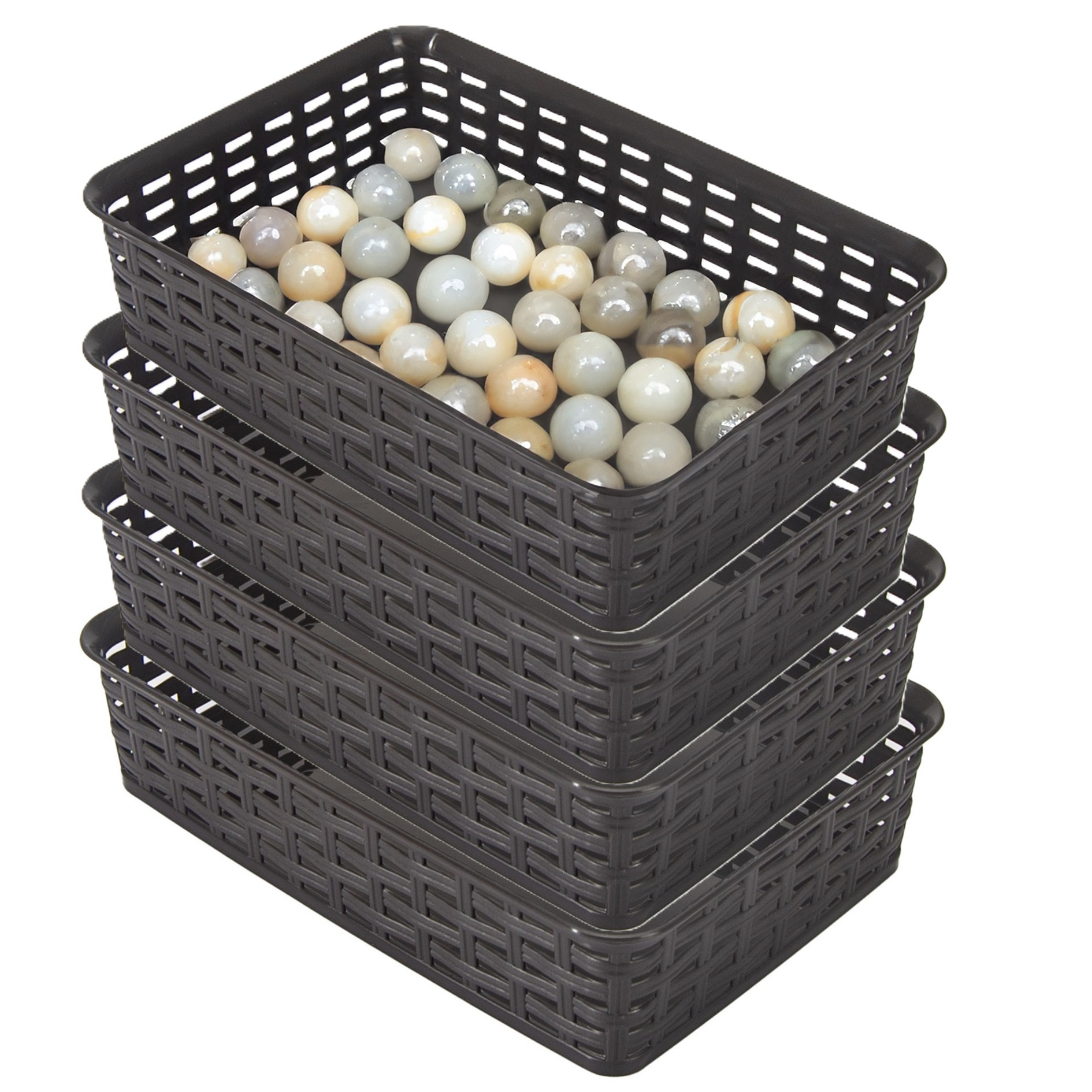 Opbergmandje/ladeverdeler - 4x - donkerbruin - 2 liter - kunststof - 17 x 25 x 6 cm - kleine bakjes -