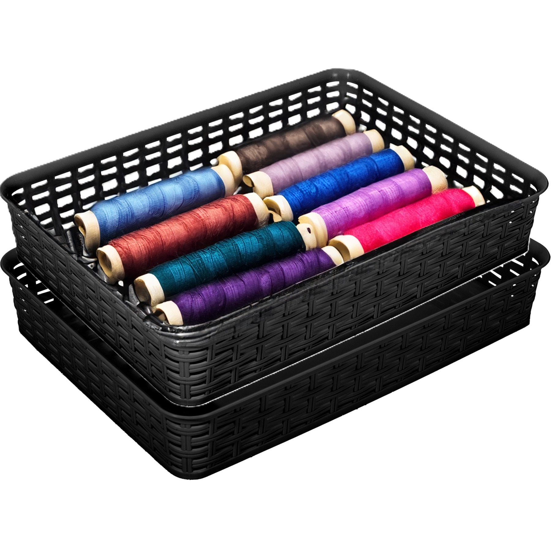 Opbergmandje/kastmandje - 2x - zwart - 4.5 liter - kunststof - 26 x 35 x 6 cm - ladeverdelers -