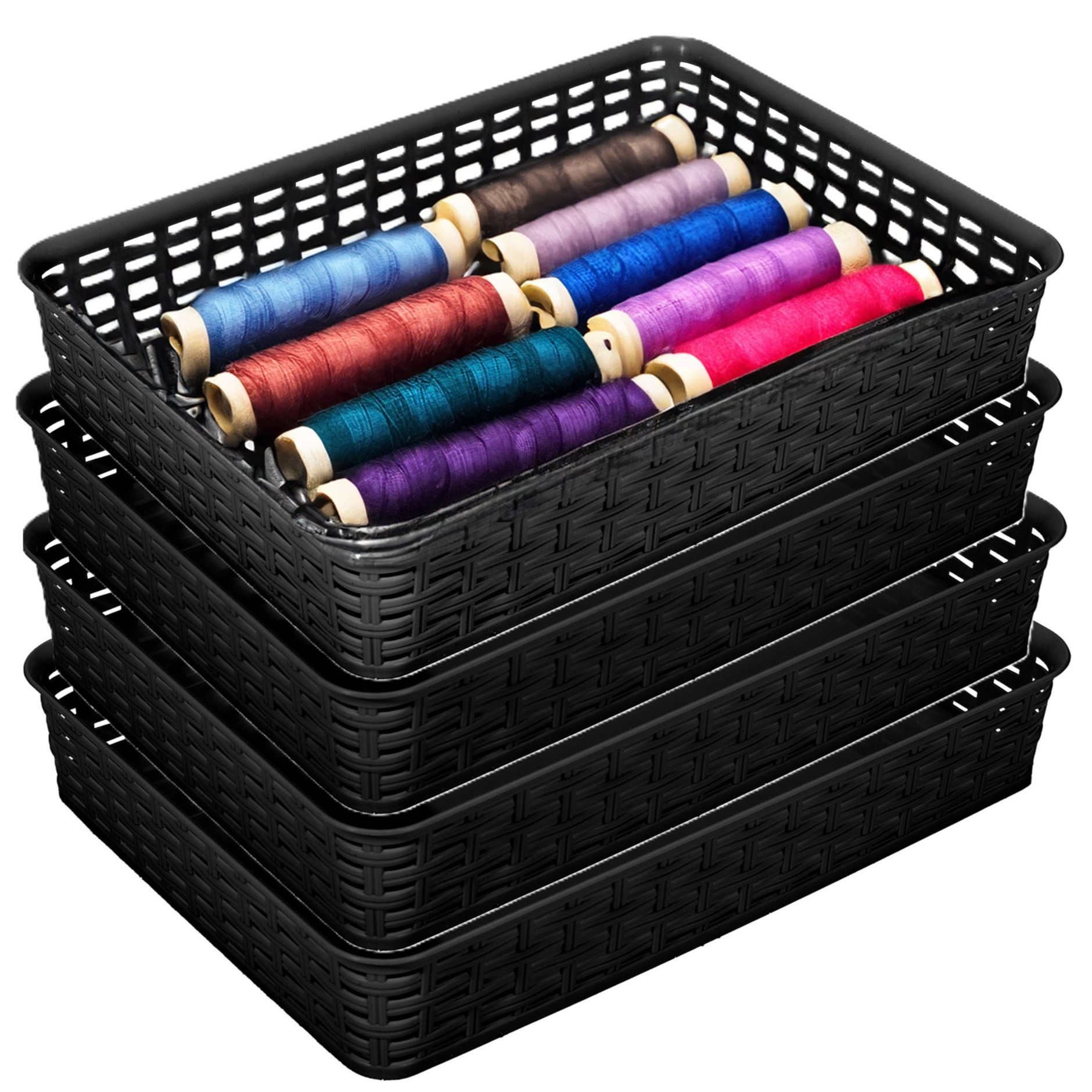 Opbergmandje/kastmandje - 4x - zwart - 4.5 liter - kunststof - 26 x 35 x 6 cm - ladeverdelers -