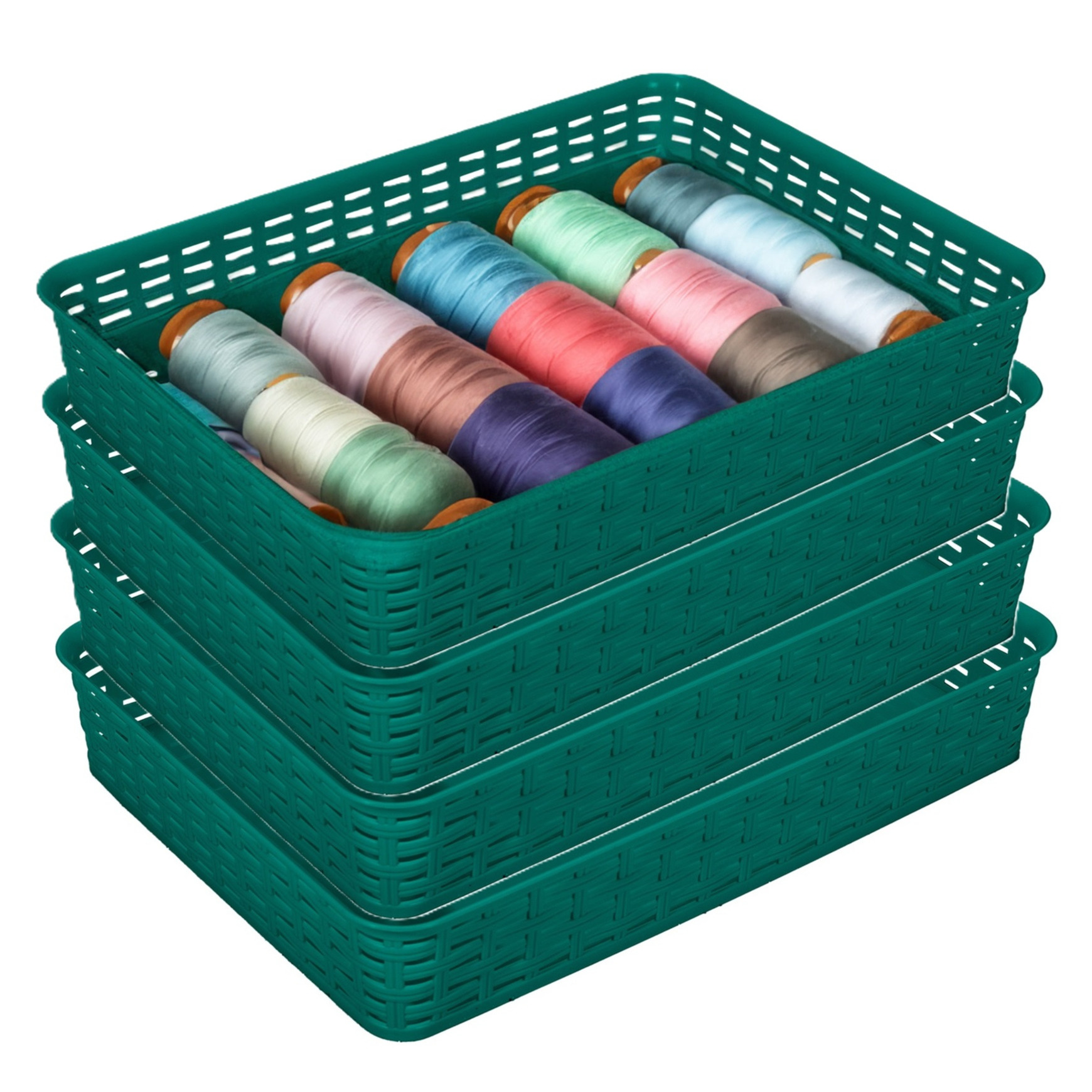 Opbergmandje/kastmandje - 4x - donkergroen - 4.5 liter - kunststof - 26 x 35 x 6 cm - ladeverdelers -